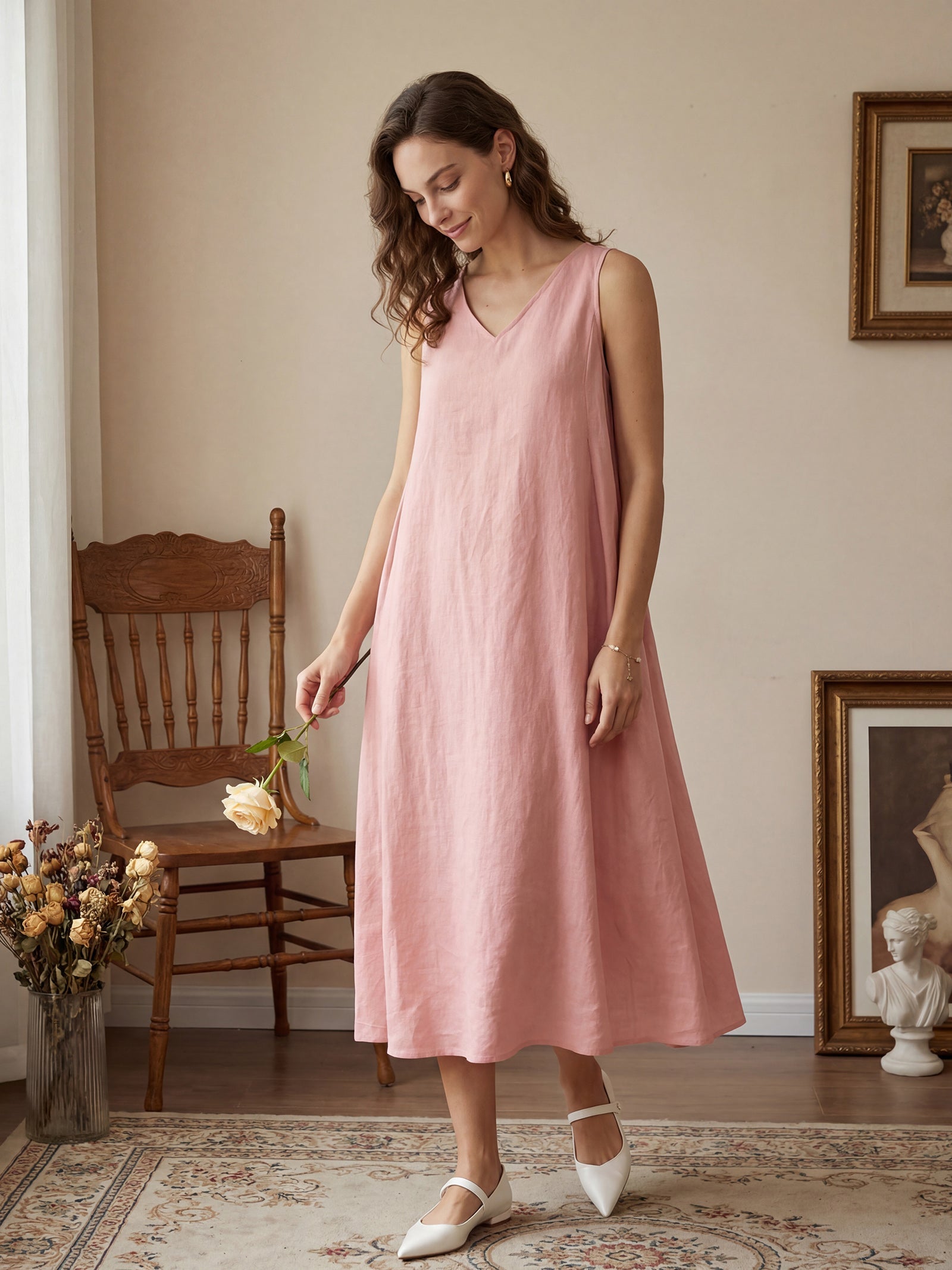 100% Linen Sleeveless A-Line Maxi Dress TARA