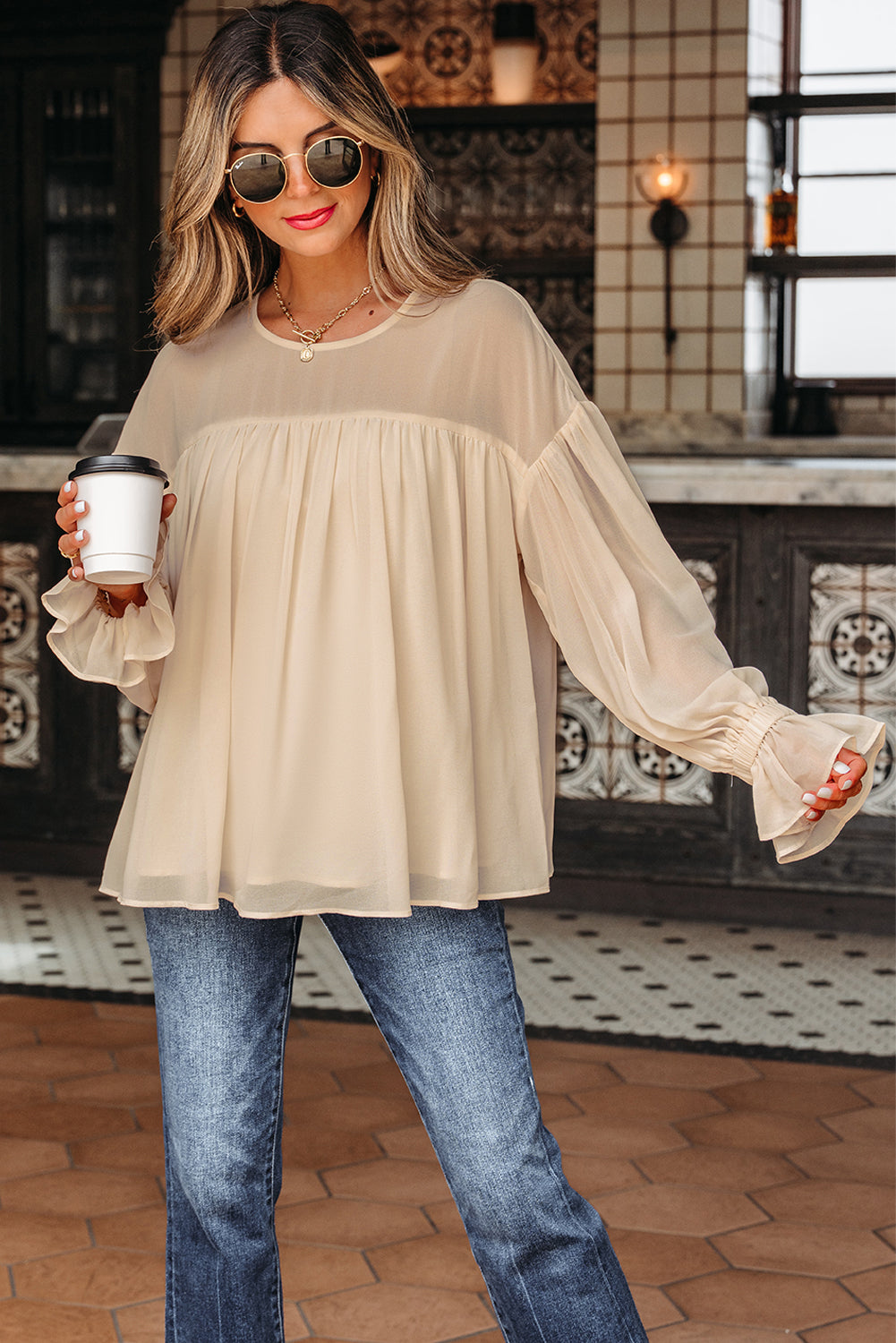 Mayaevi Sleeve Chiffon Blouse Long Sleeve Top