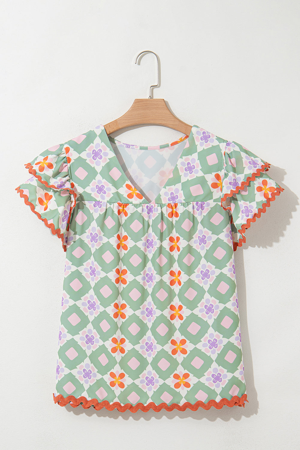 Belen Floral Layered Flutter Sleeve Rac Trim Blouse