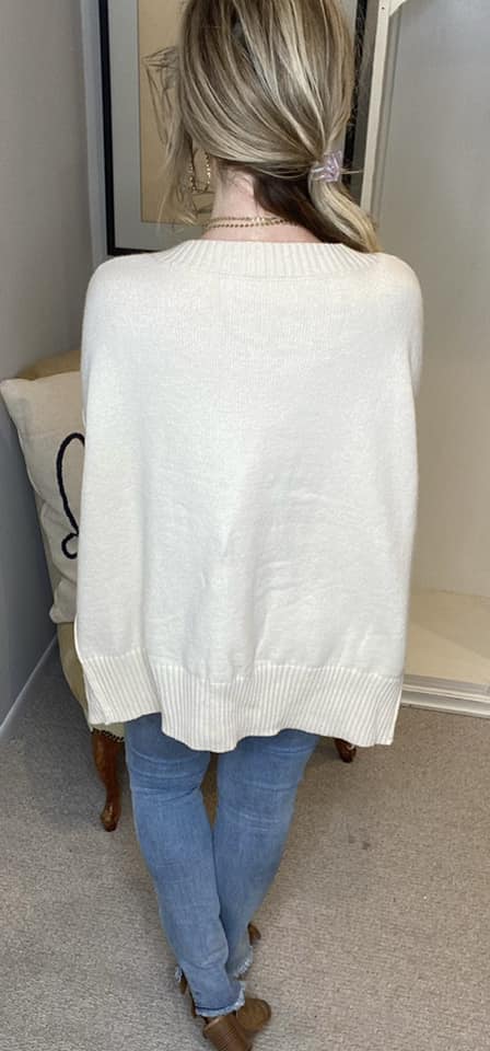 V-Neck Dropped Shoulder Ribbed Long Sleeve Sweater