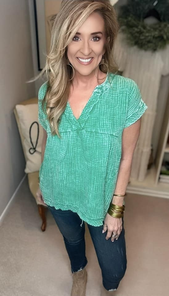 Zenana Washed Raw Hem Short Sleeve Blouse with Pockets