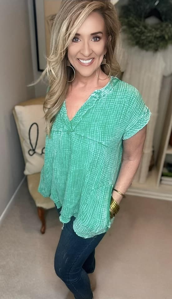 Zenana Washed Raw Hem Short Sleeve Blouse with Pockets