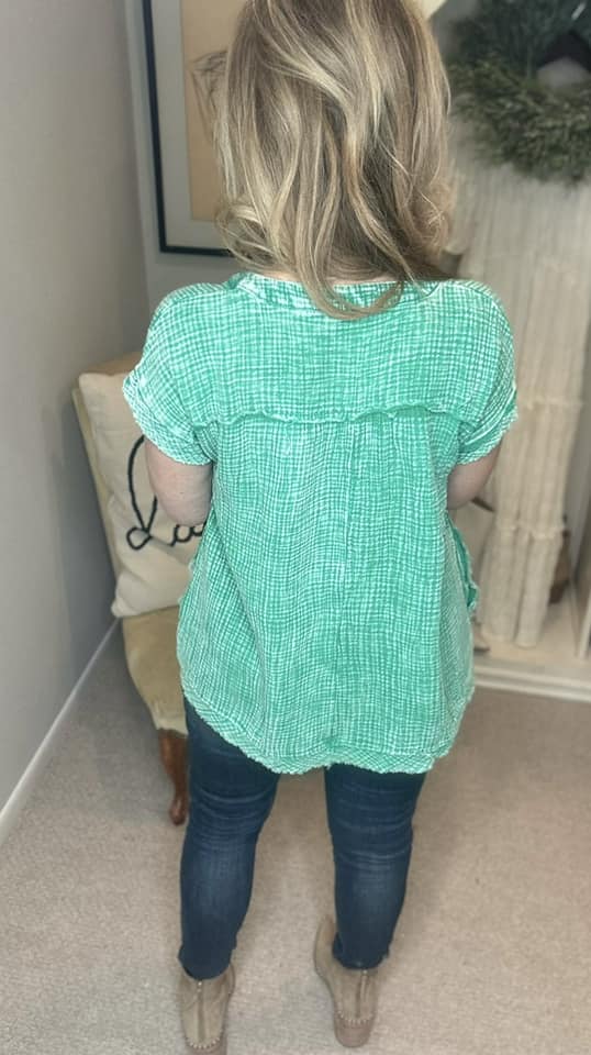 Zenana Washed Raw Hem Short Sleeve Blouse with Pockets