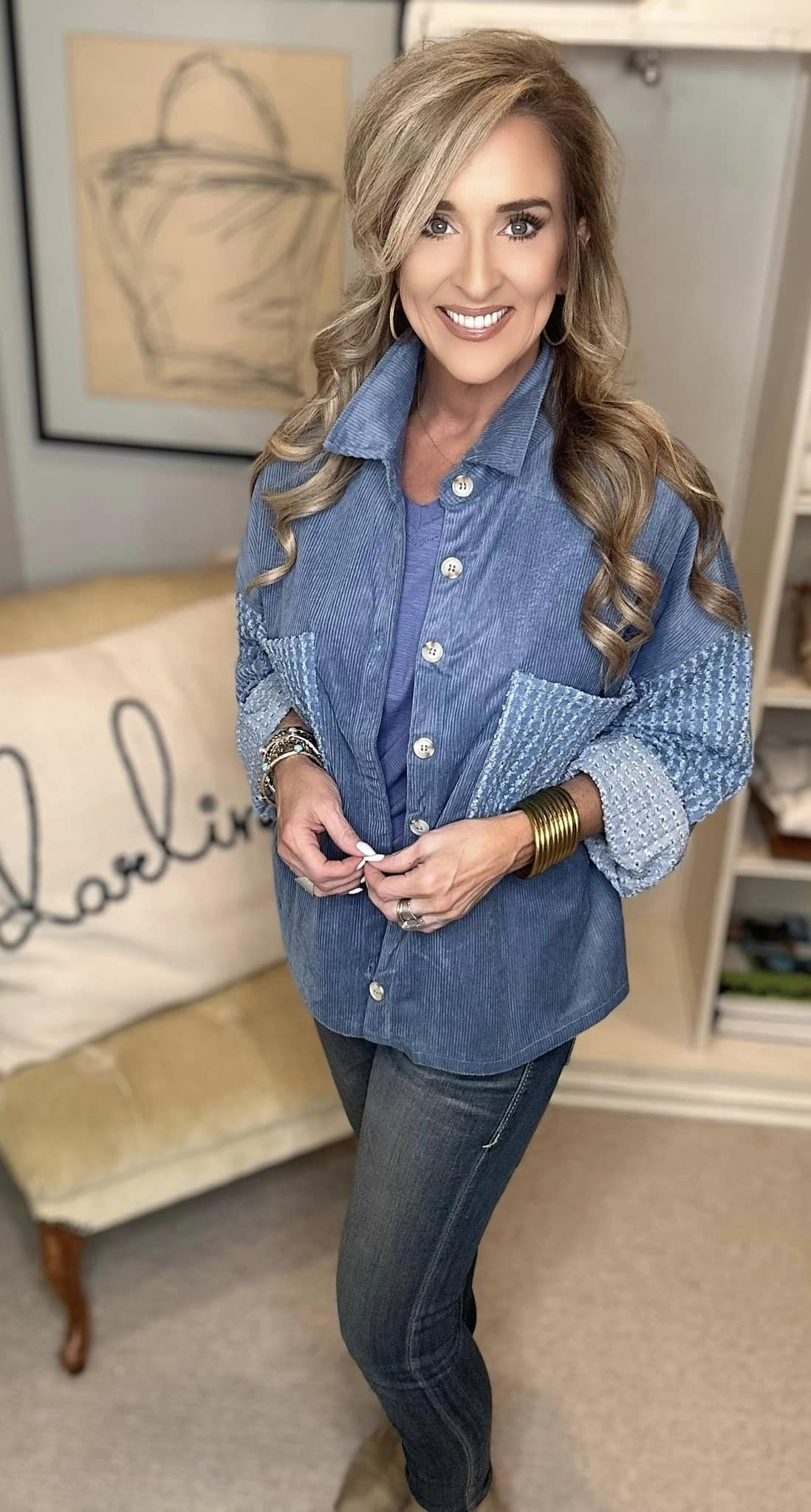 Button Down Corduroy Contrast Texture Long Sleeve Shacket