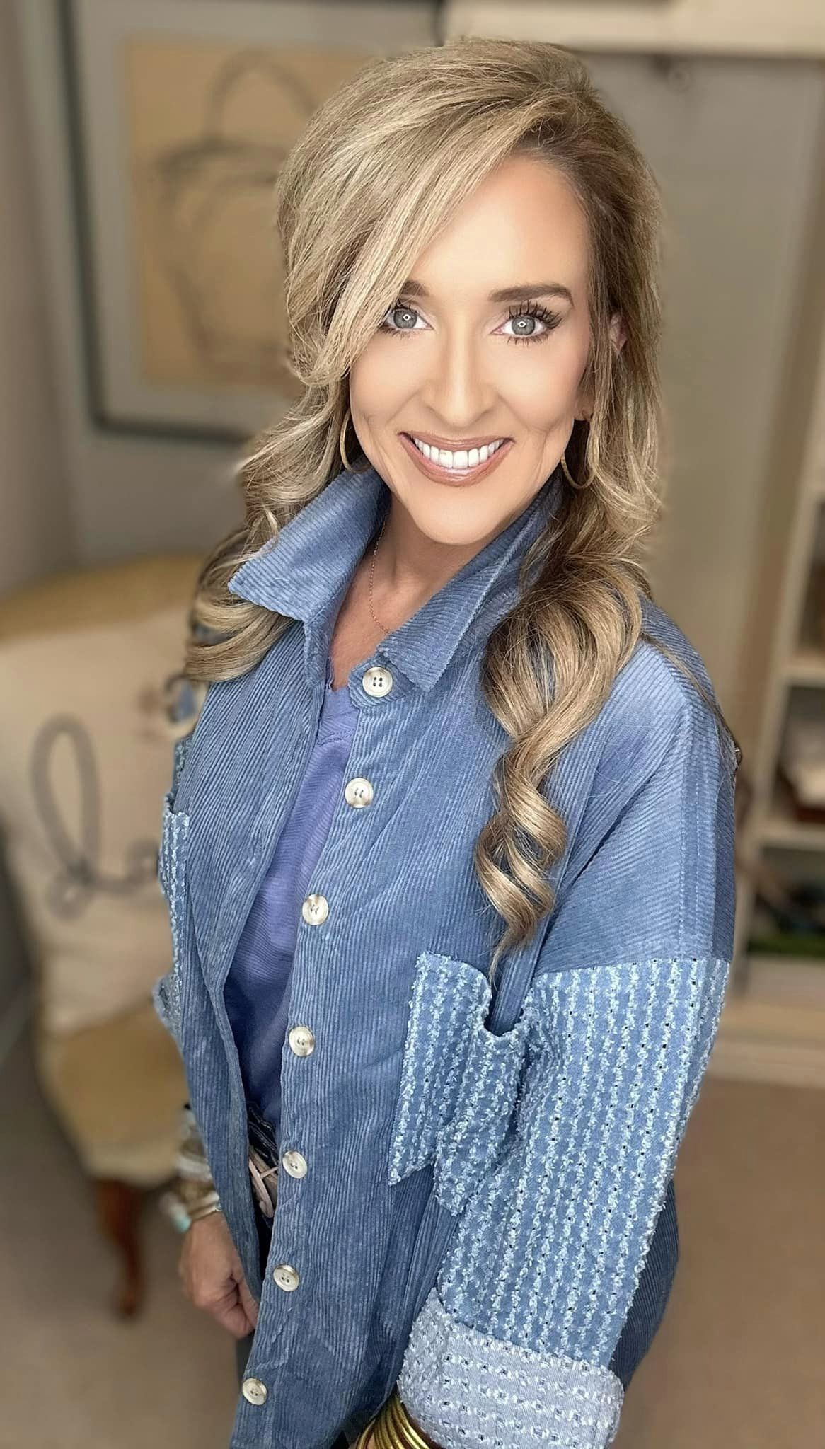 Button Down Corduroy Contrast Texture Long Sleeve Shacket