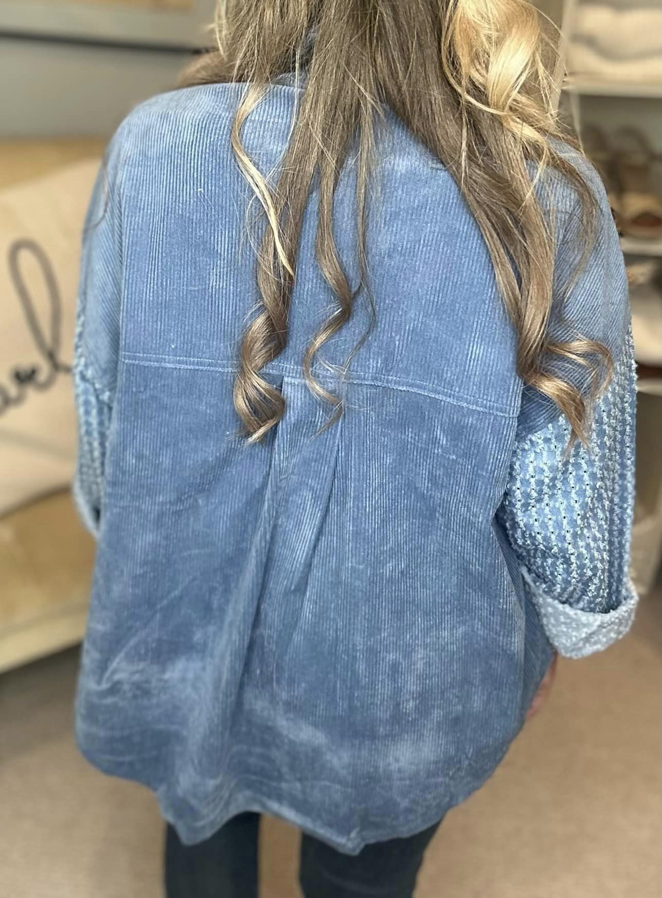 Button Down Corduroy Contrast Texture Long Sleeve Shacket