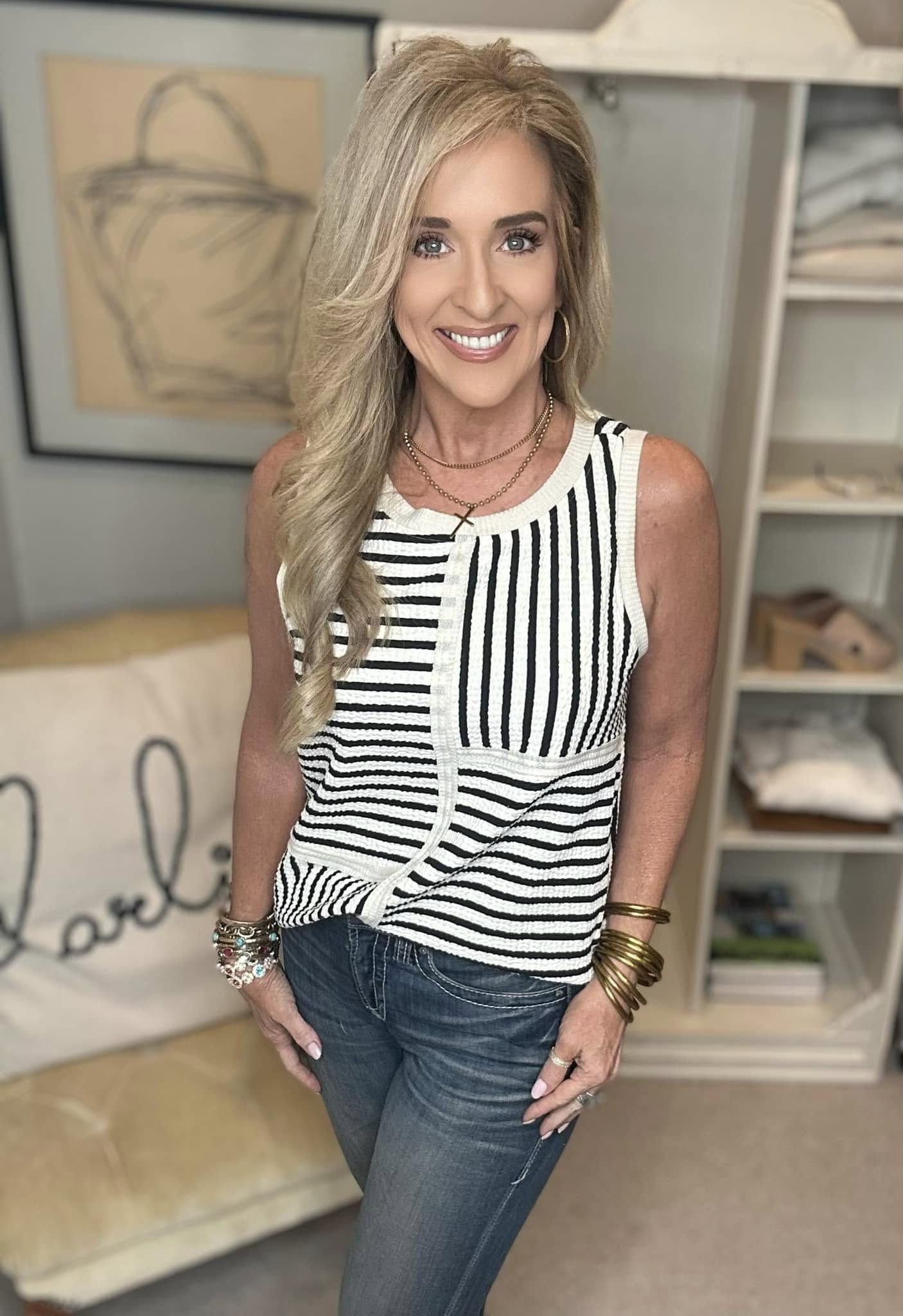 Round Neck Texture Striped Tank