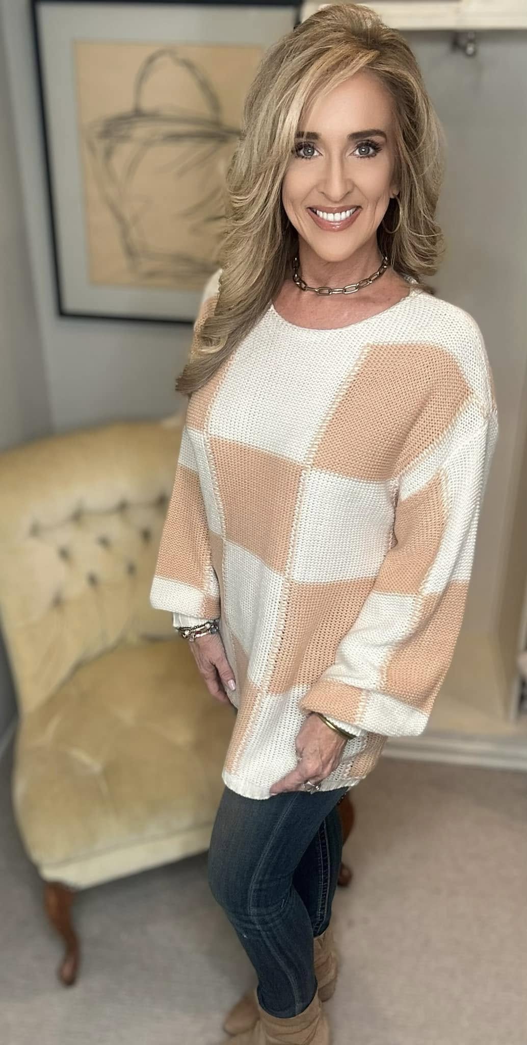 Checkered Round Neck Drop Shoulder Sweater