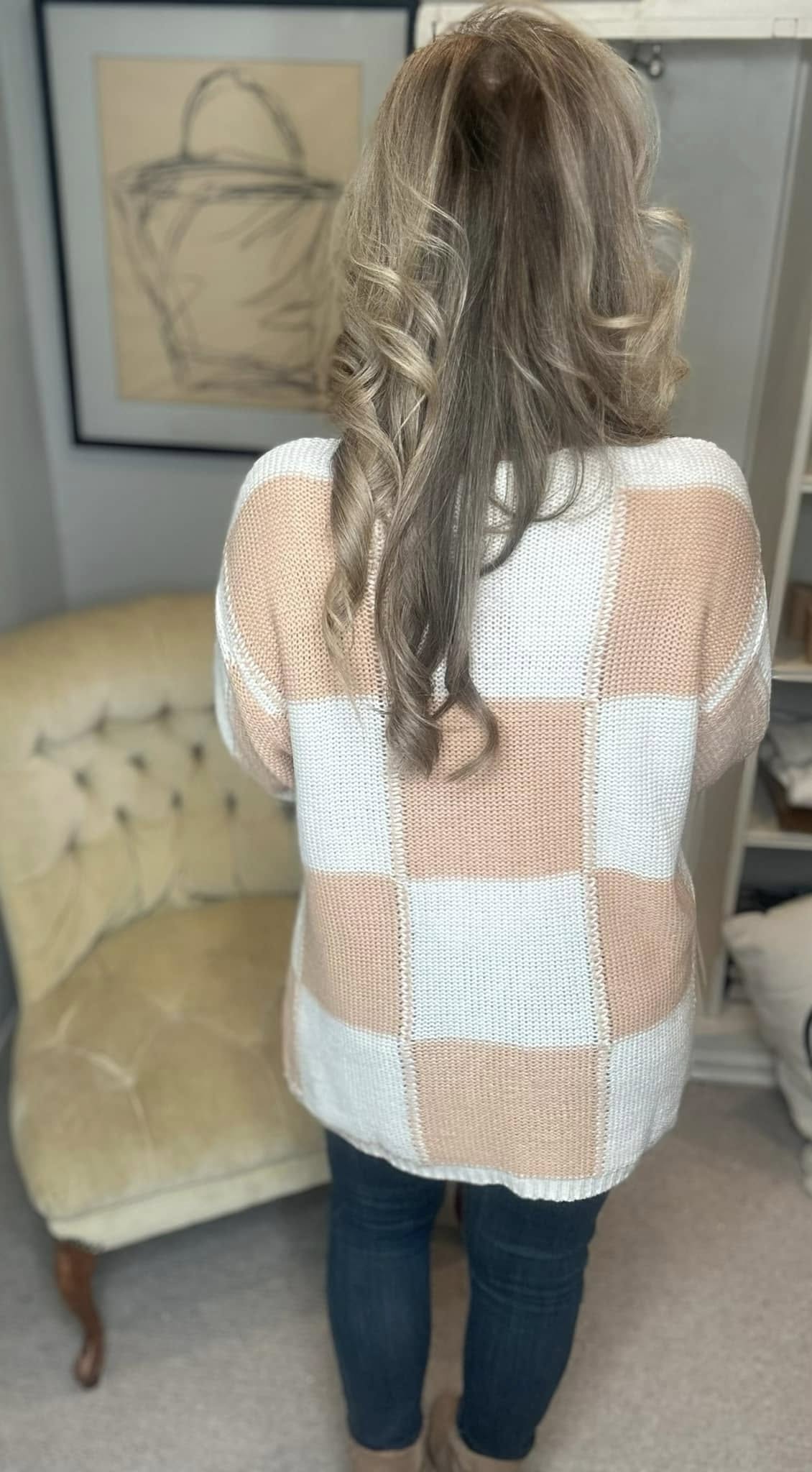 Checkered Round Neck Drop Shoulder Sweater