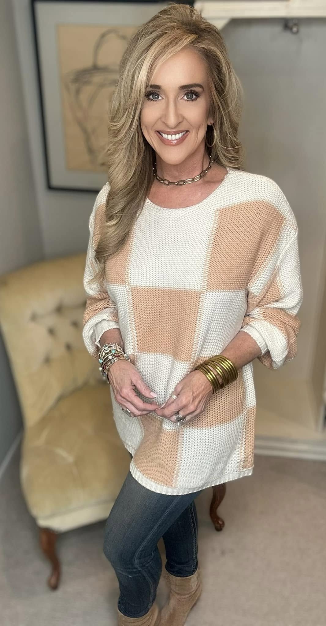 Checkered Round Neck Drop Shoulder Sweater