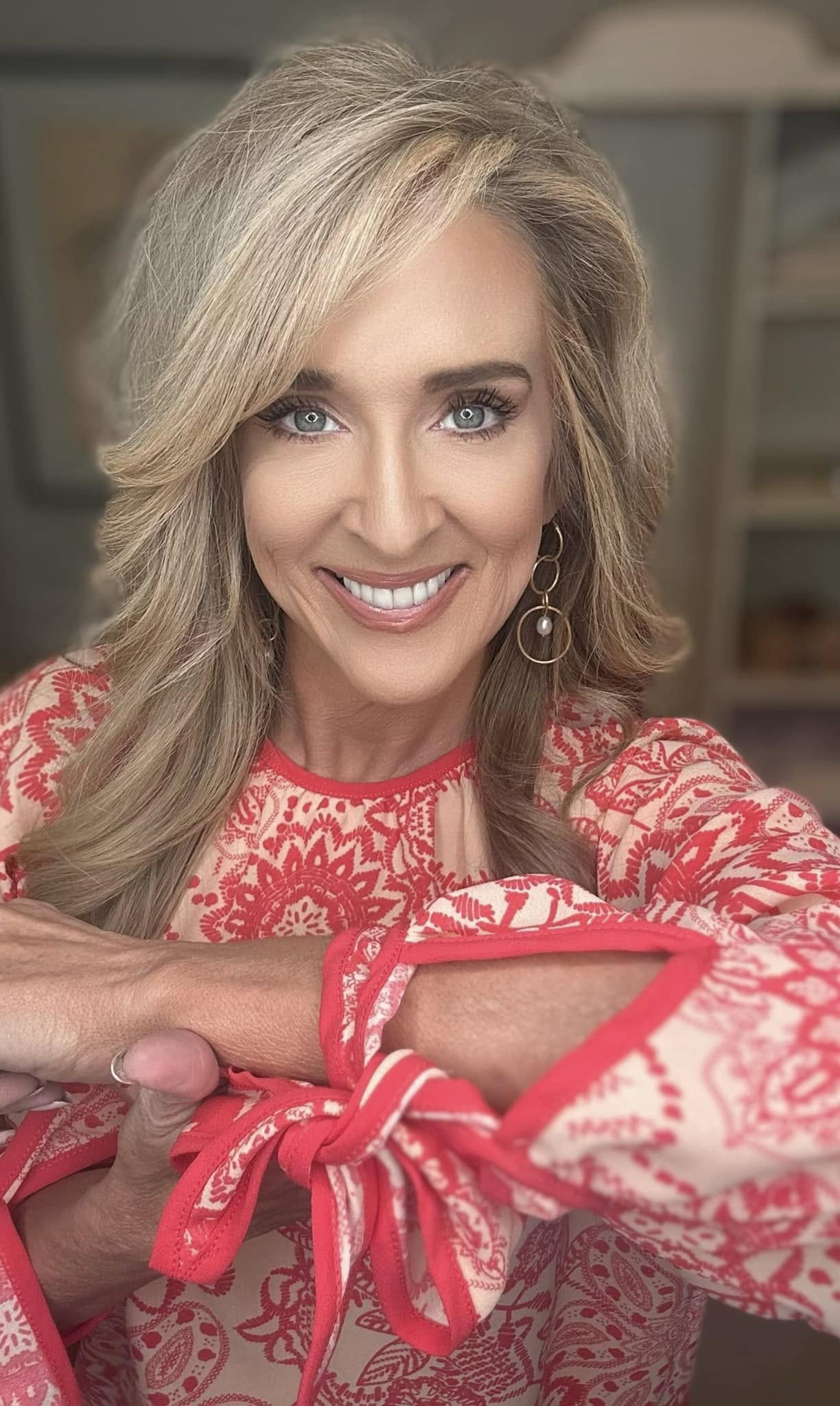 Ribbon Bow Detail Floral Round Neck Blouse