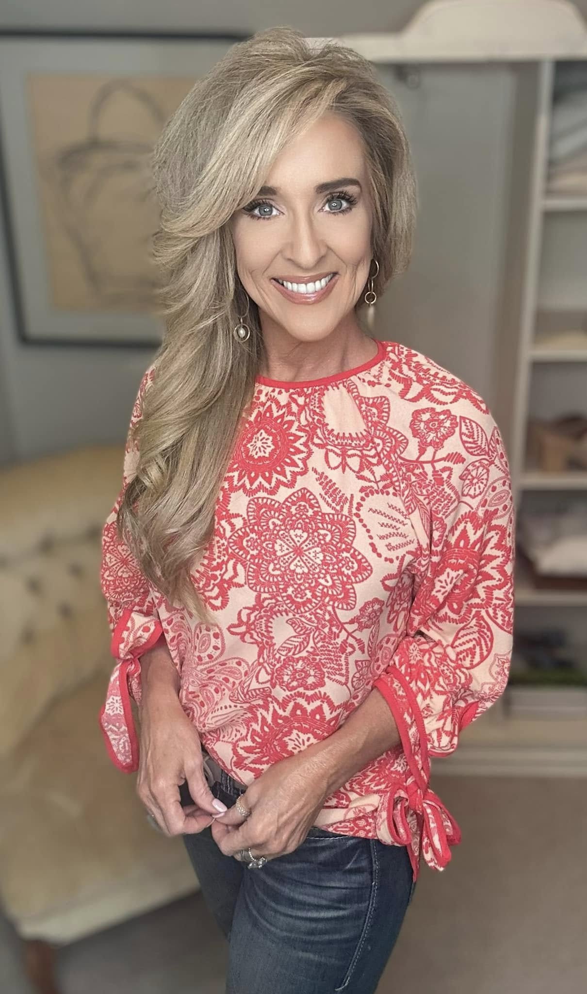 Ribbon Bow Detail Floral Round Neck Blouse