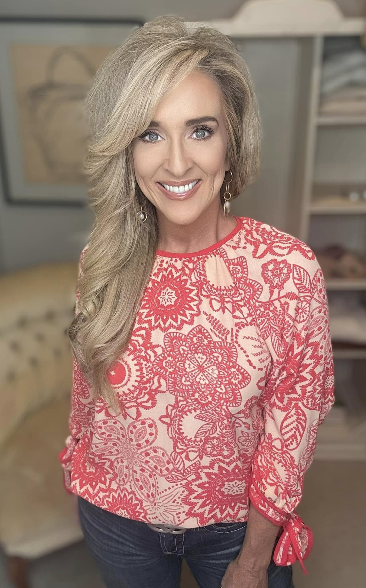 Ribbon Bow Detail Floral Round Neck Blouse