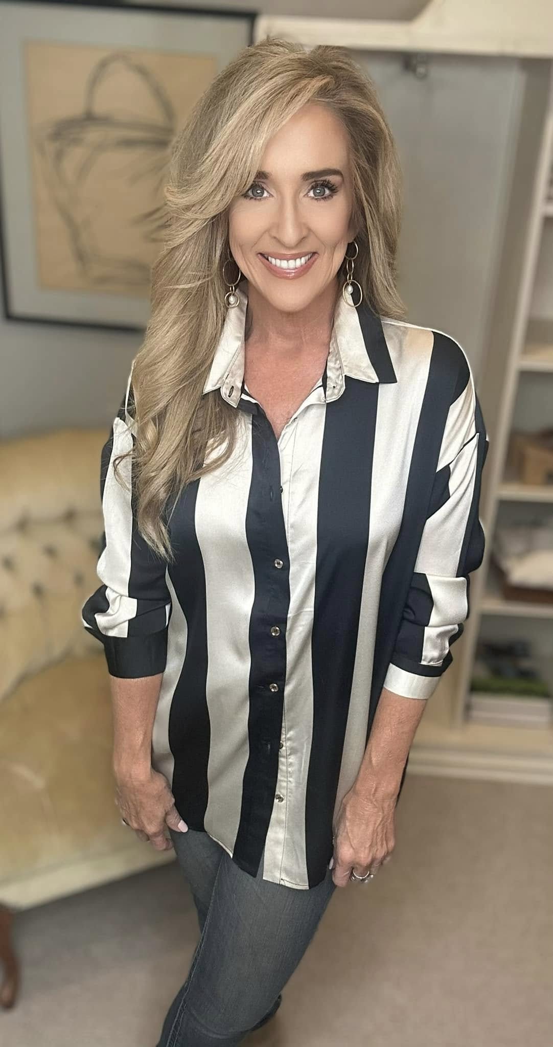 Annie Wear Striped Dropped Shoulder Button Up Shirt