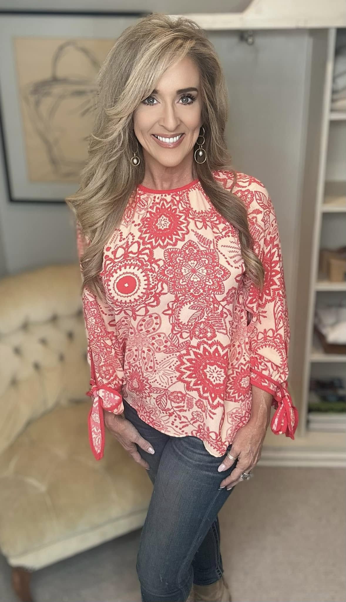 Ribbon Bow Detail Floral Round Neck Blouse