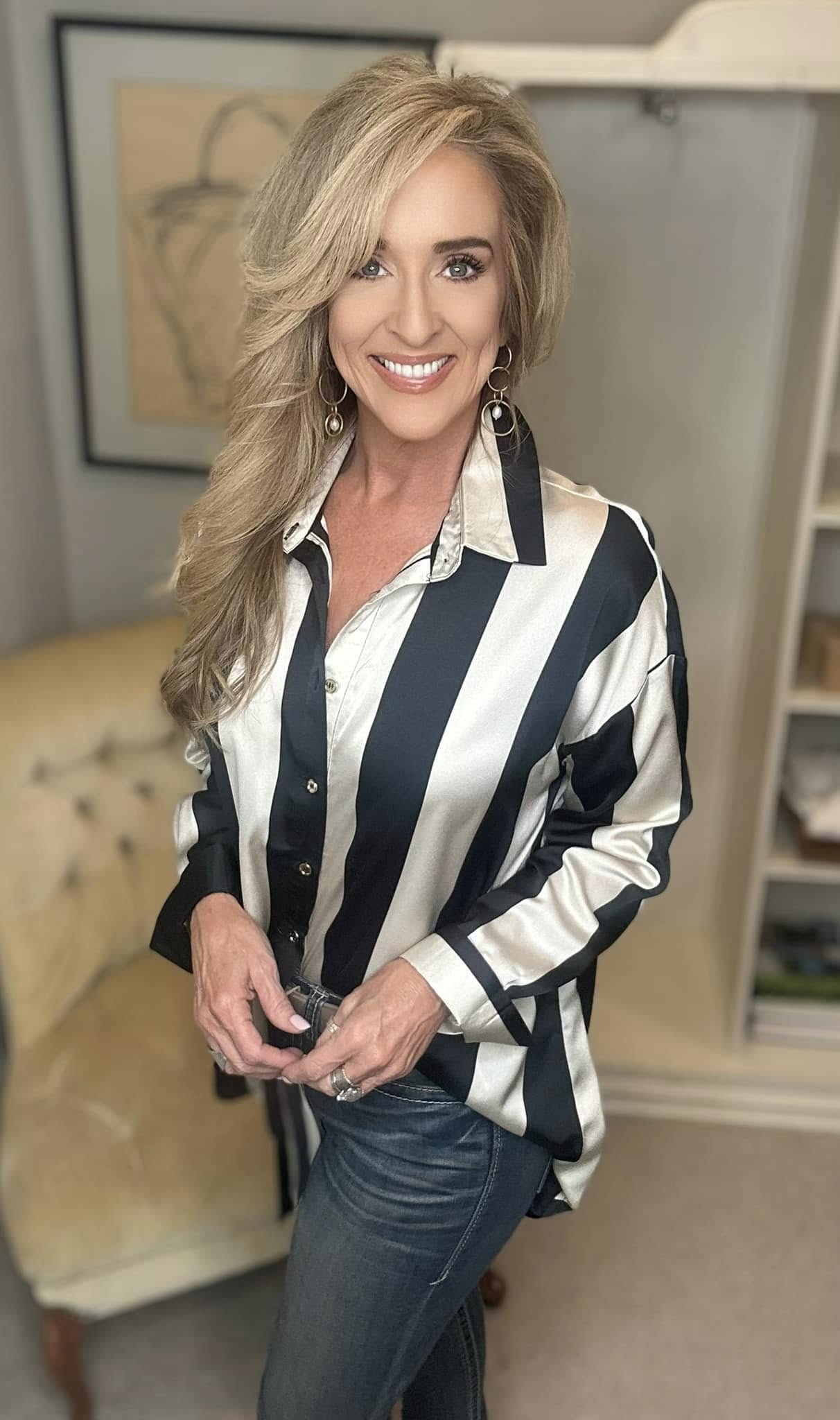 Annie Wear Striped Dropped Shoulder Button Up Shirt