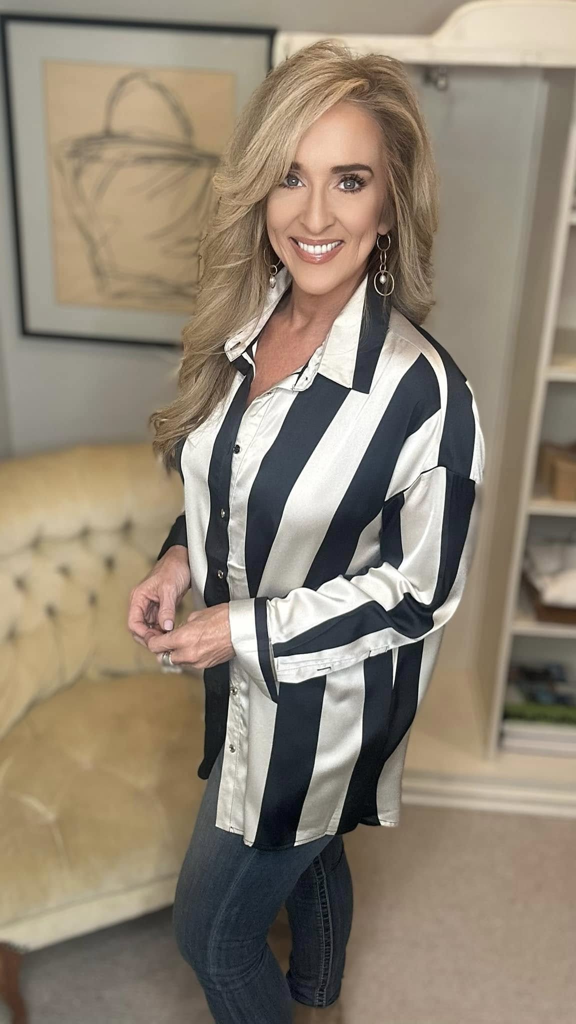 Annie Wear Striped Dropped Shoulder Button Up Shirt