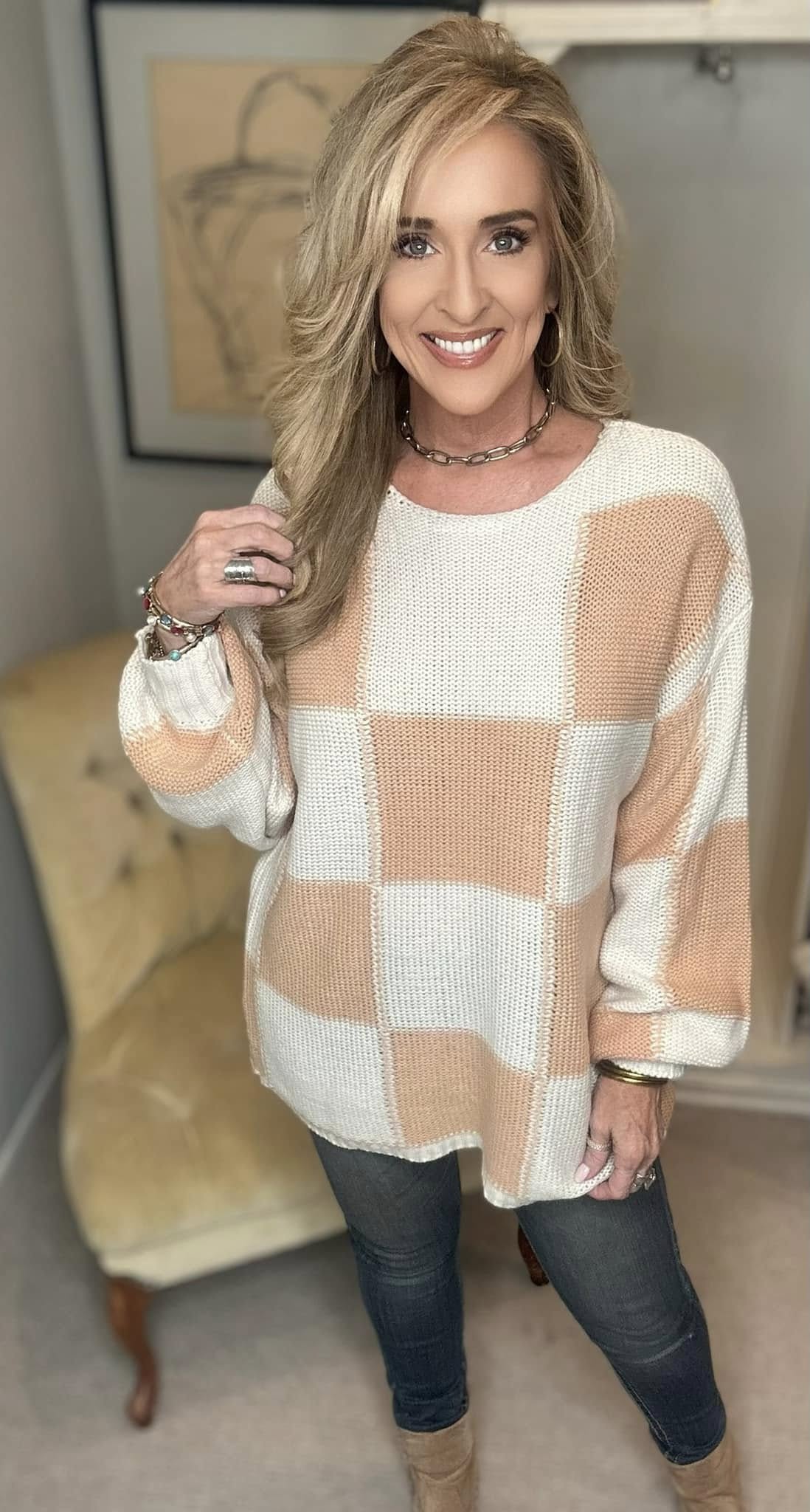 Checkered Round Neck Drop Shoulder Sweater