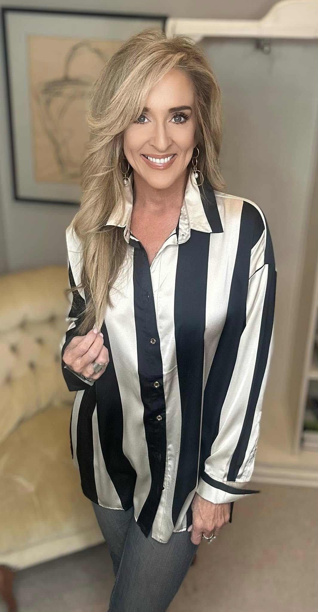 Annie Wear Striped Dropped Shoulder Button Up Shirt