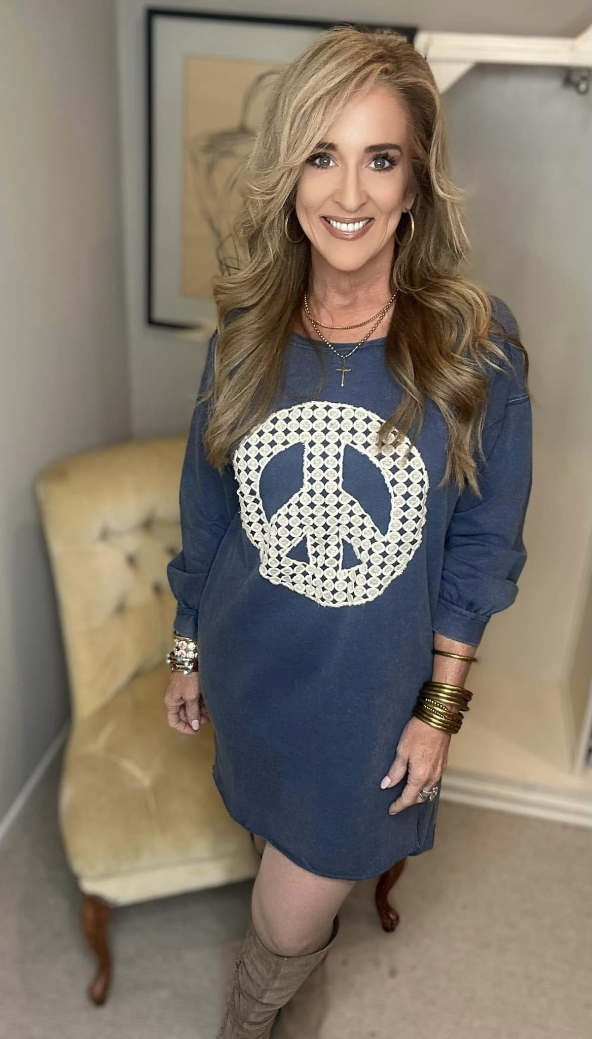 Peace Lace Applique Frayed Hem French Terry Mini Dress