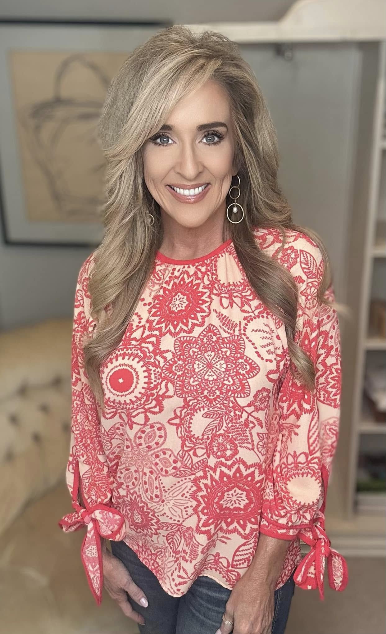 Ribbon Bow Detail Floral Round Neck Blouse