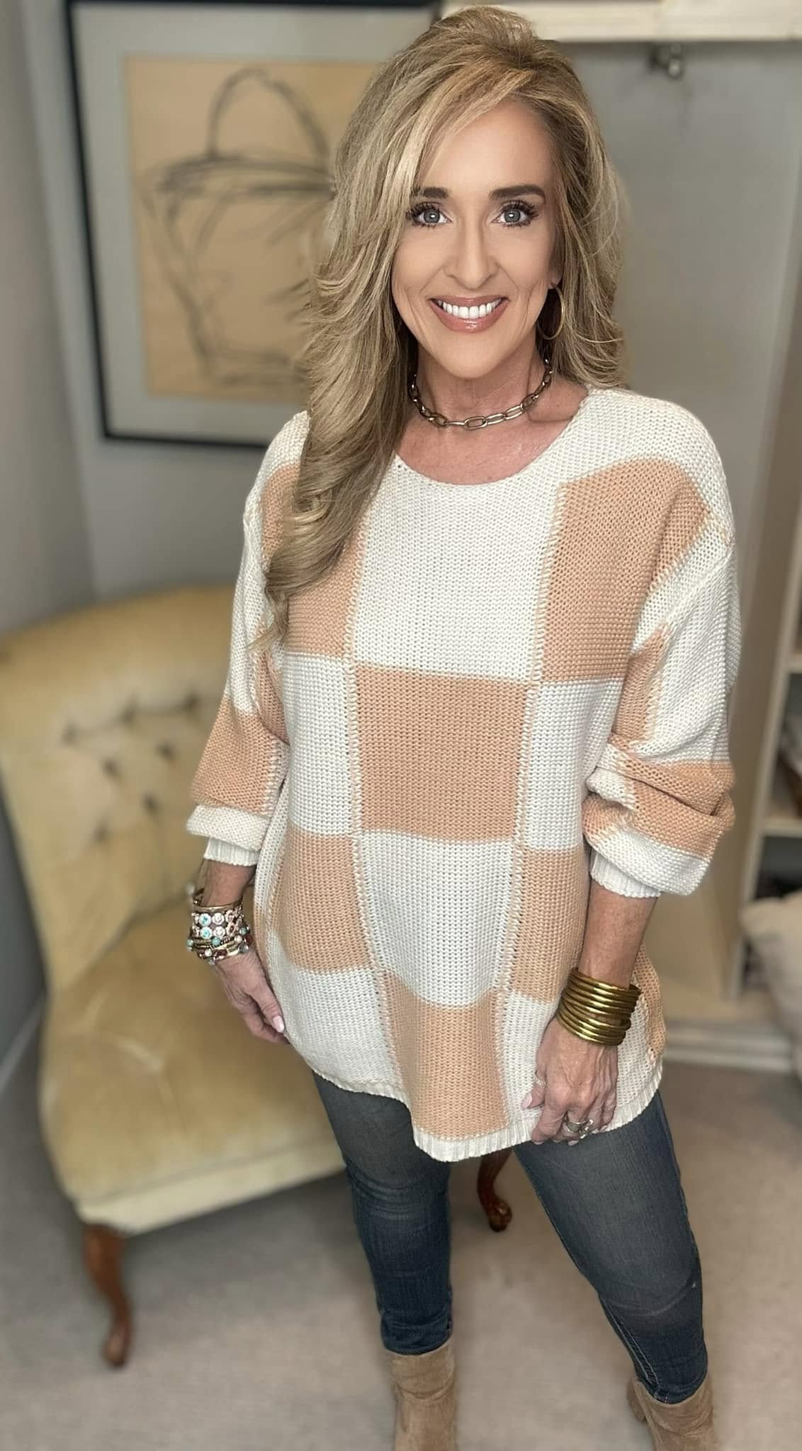 Checkered Round Neck Drop Shoulder Sweater