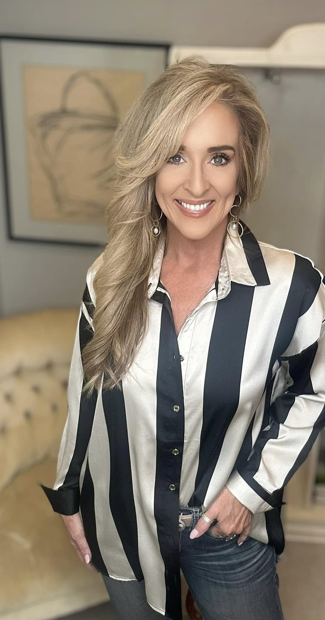 Annie Wear Striped Dropped Shoulder Button Up Shirt