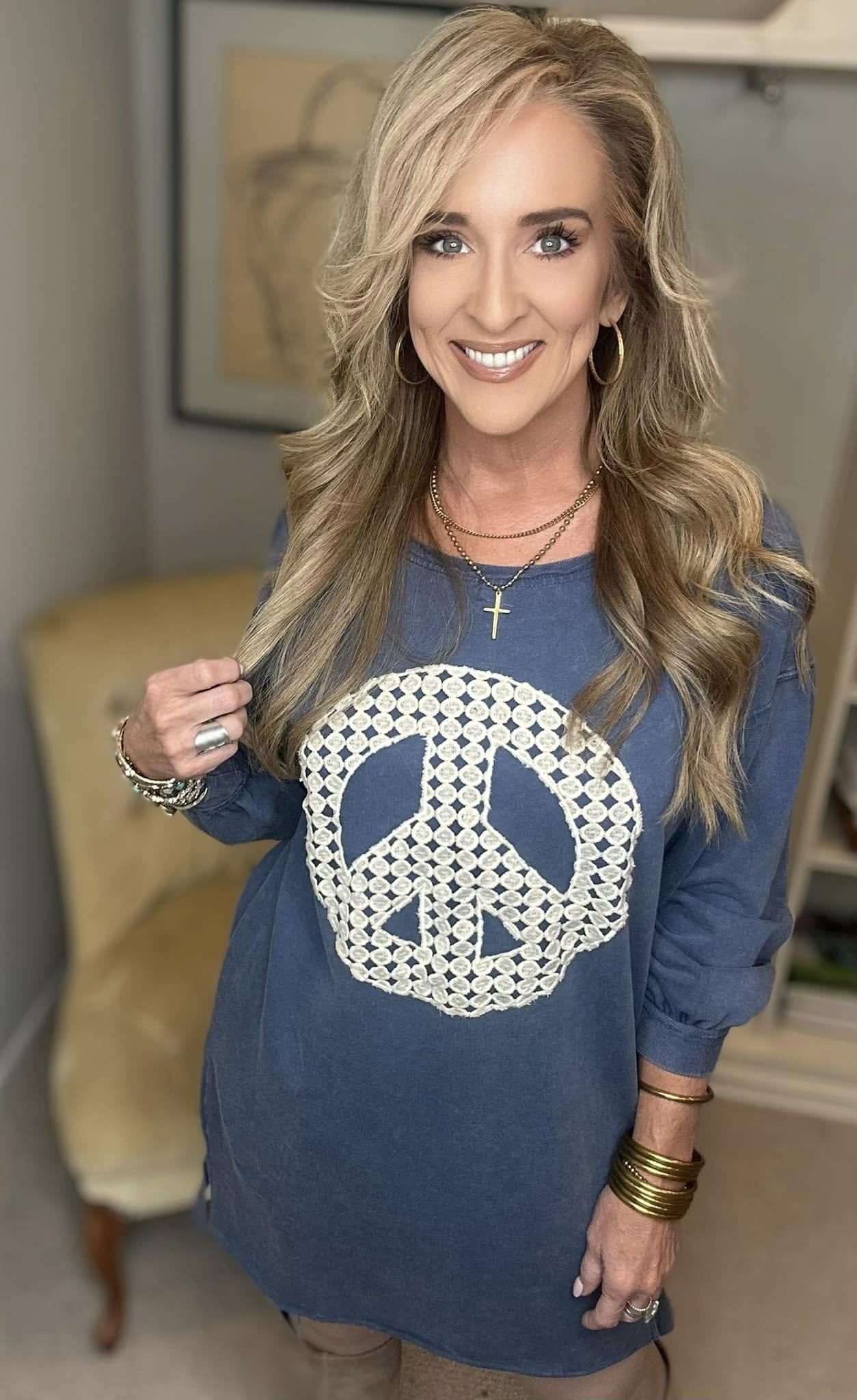 Peace Lace Applique Frayed Hem French Terry Mini Dress