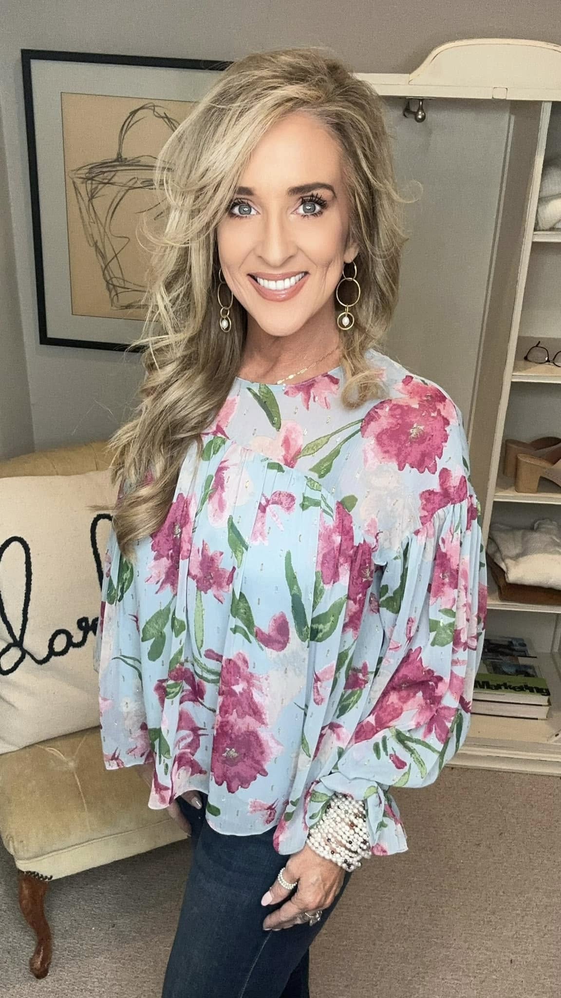 Floral Round Neck Flounce Sleeve Blouse