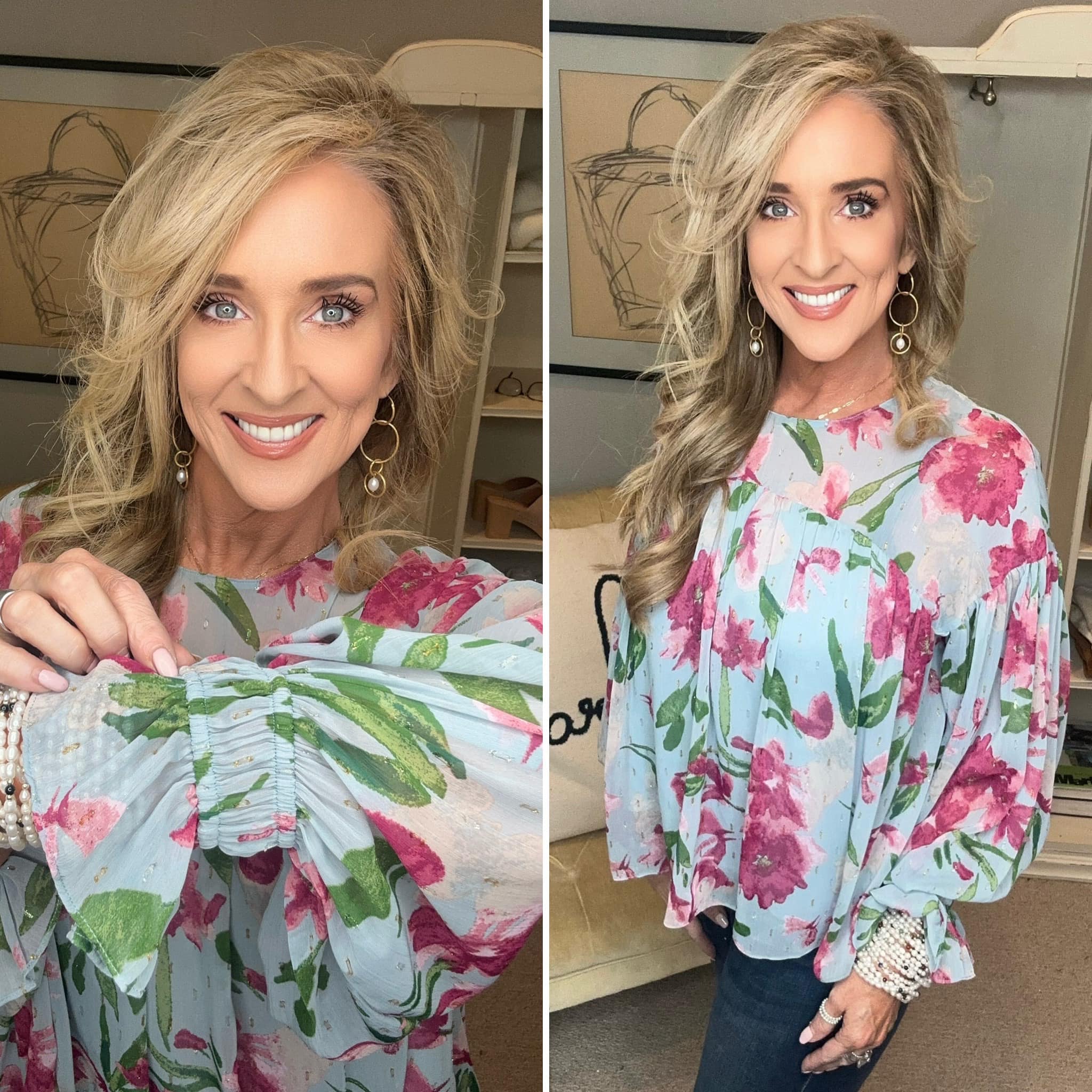 Floral Round Neck Flounce Sleeve Blouse