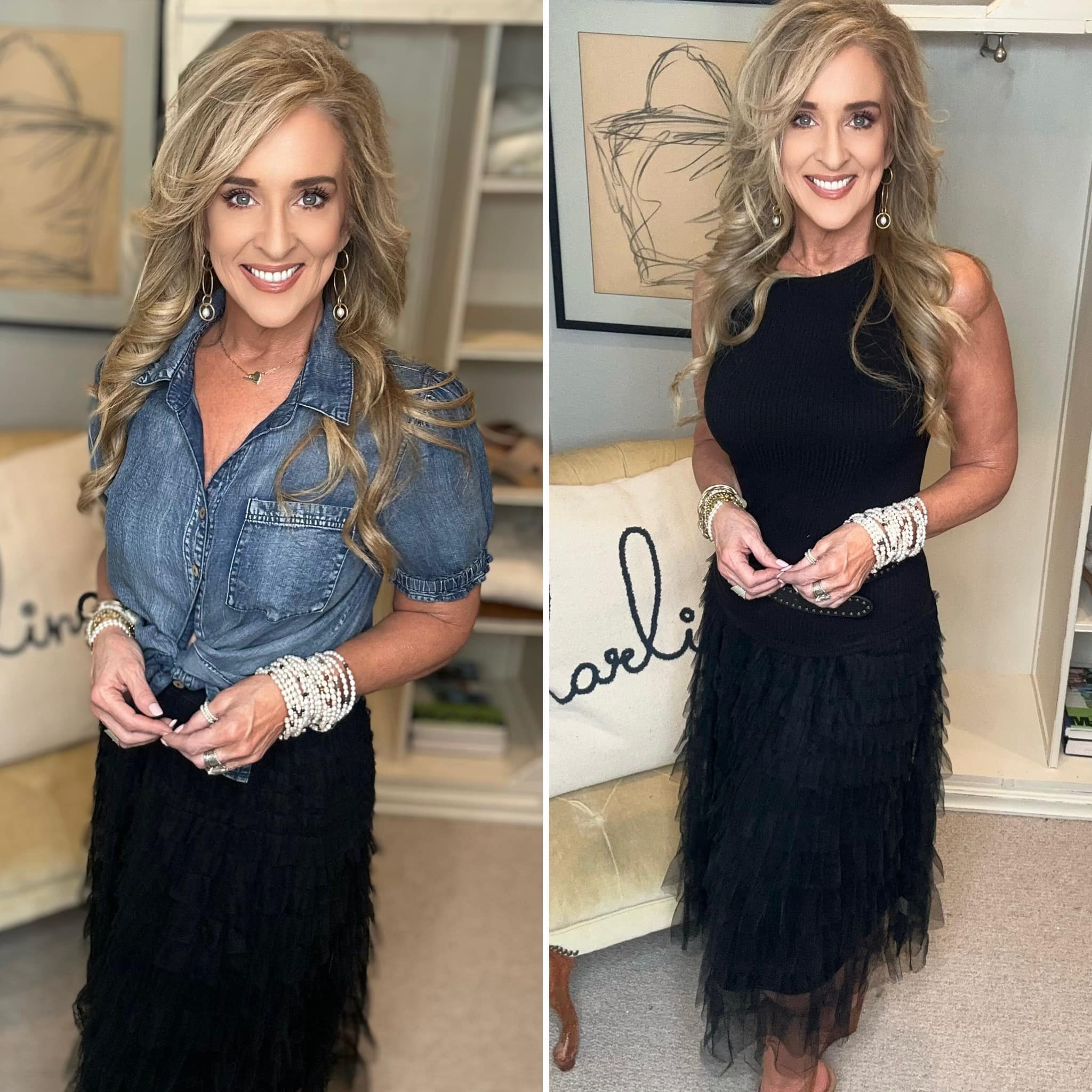 Elastic Waist Layered Mesh Midi Skirt