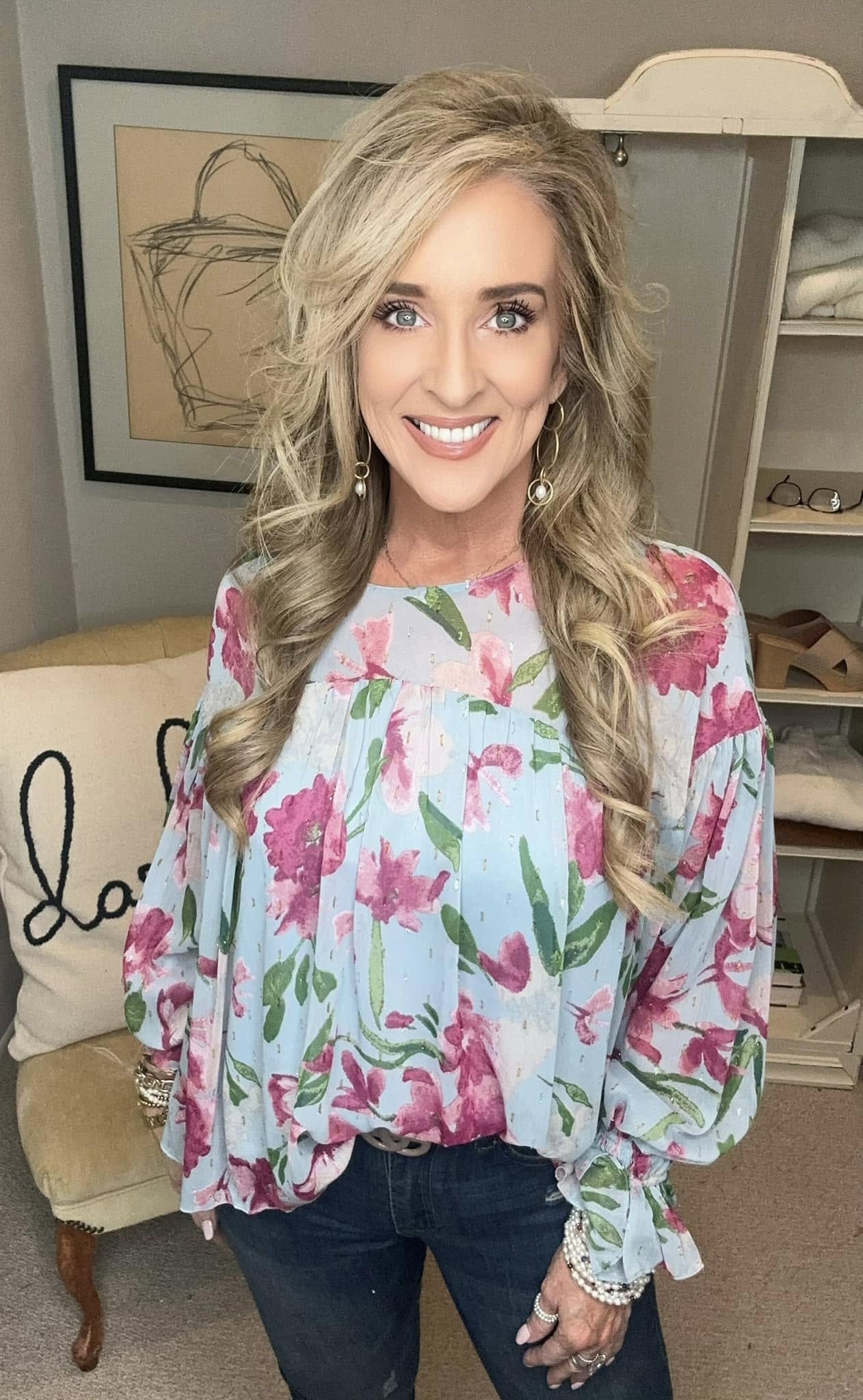 Floral Round Neck Flounce Sleeve Blouse