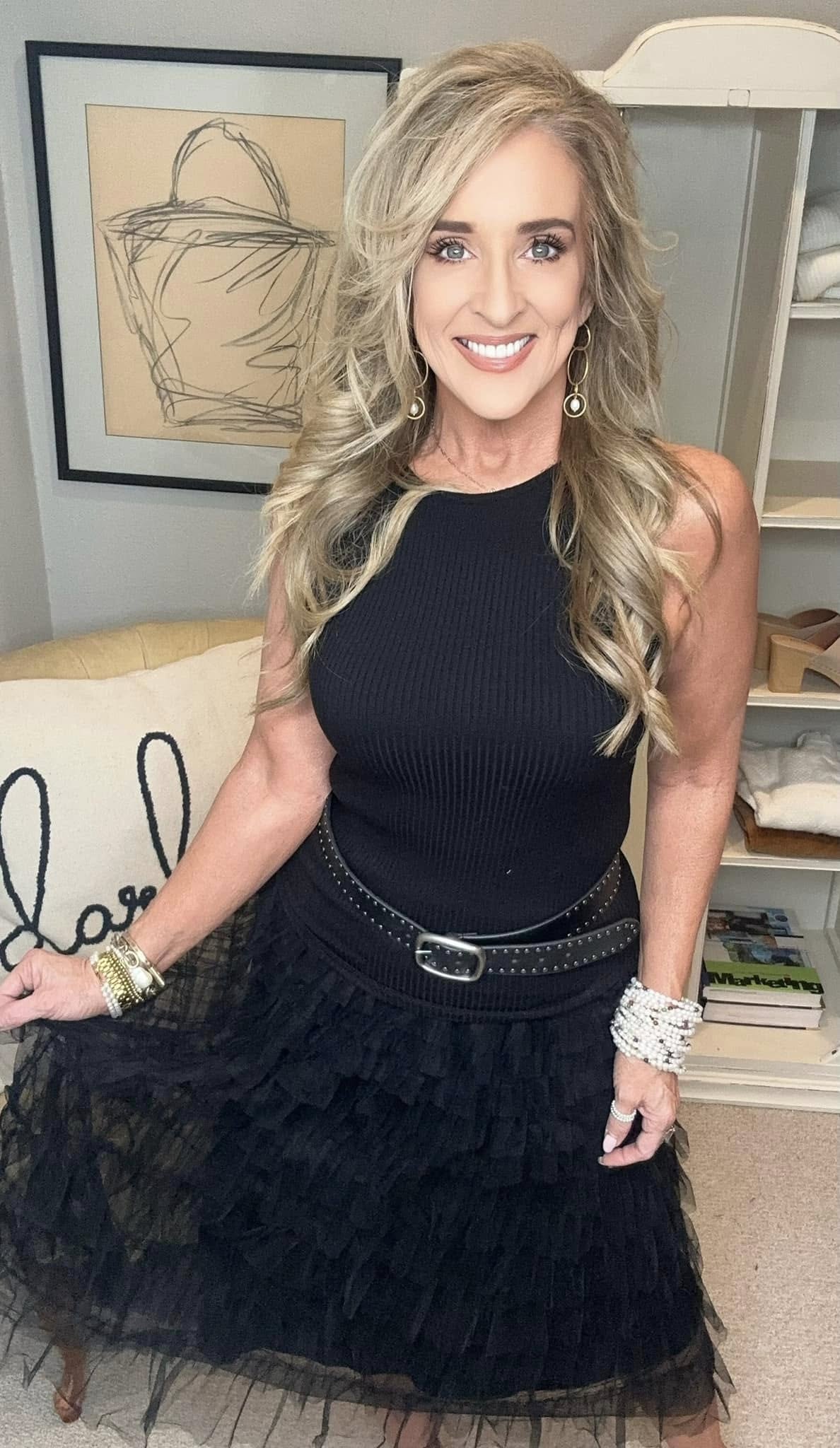 Elastic Waist Layered Mesh Midi Skirt