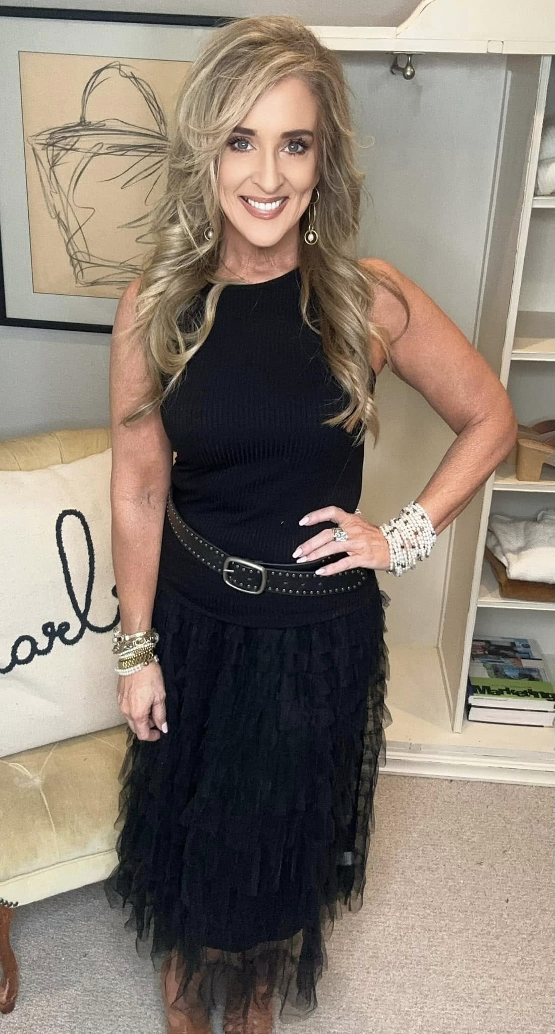 Elastic Waist Layered Mesh Midi Skirt