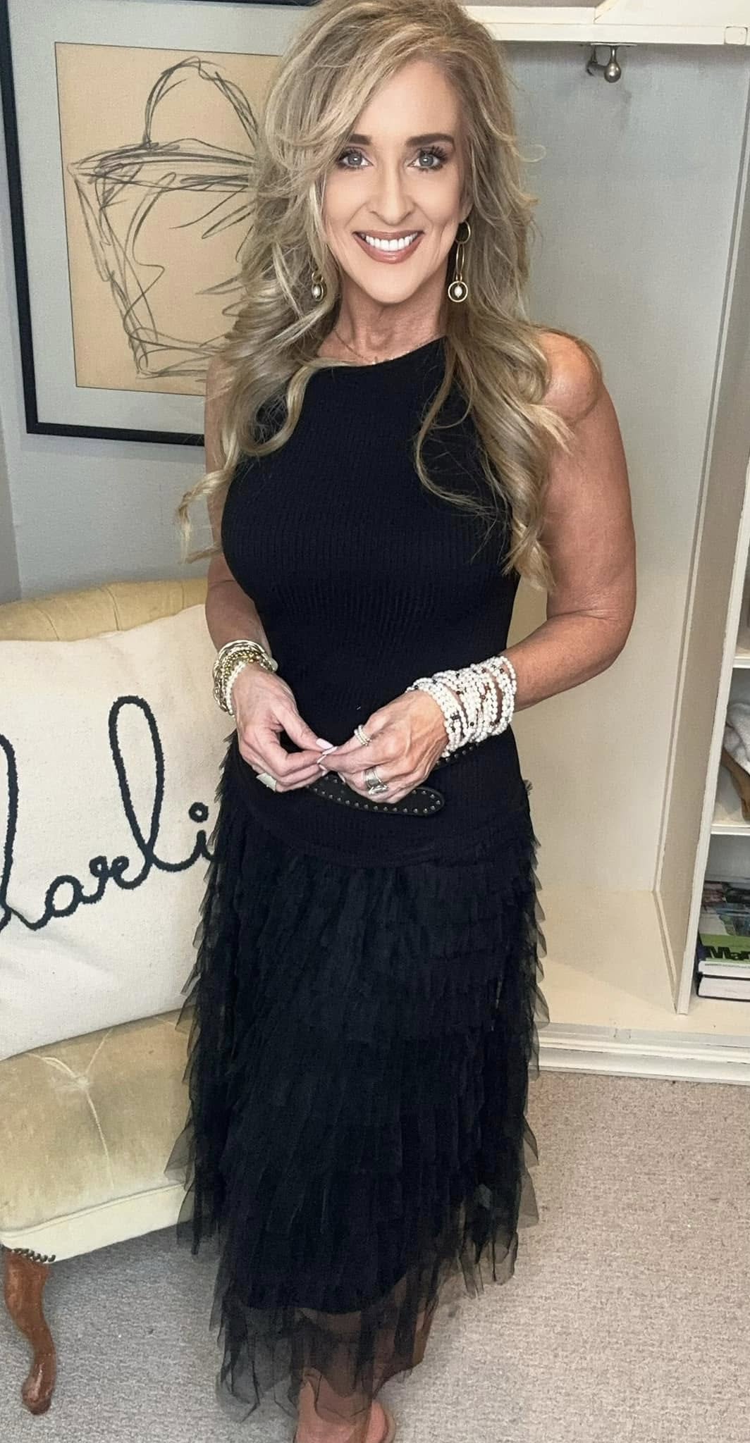 Elastic Waist Layered Mesh Midi Skirt