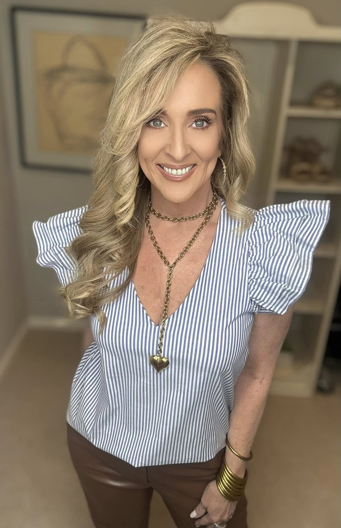 Striped V-Neck Ruffled Cap Sleeve Blouse