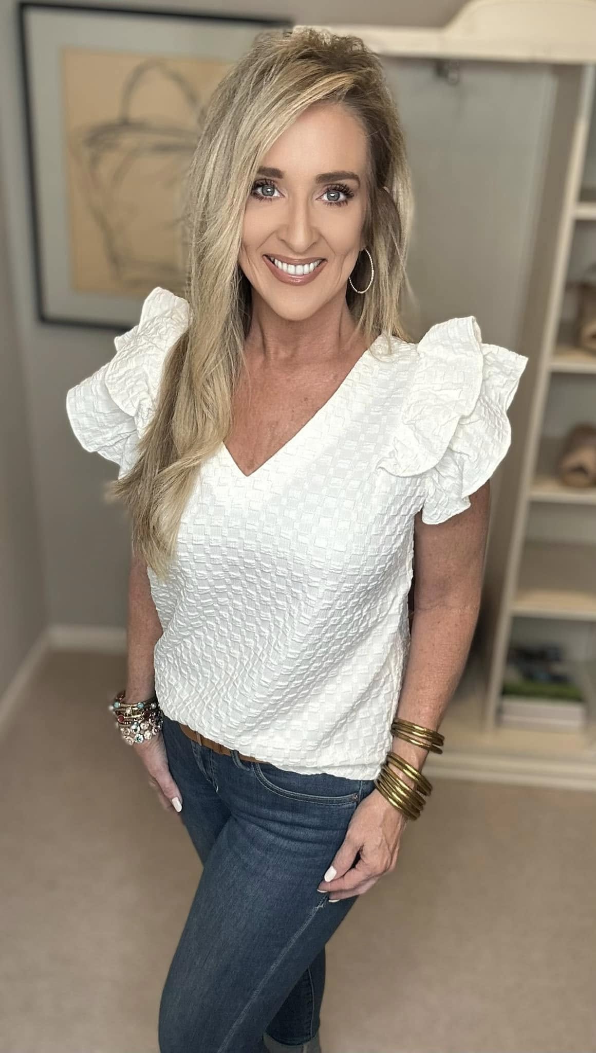 Umgee Full Size Textured Jacquard V-Neck Ruffle Cap Sleeve Blouse Plus Size