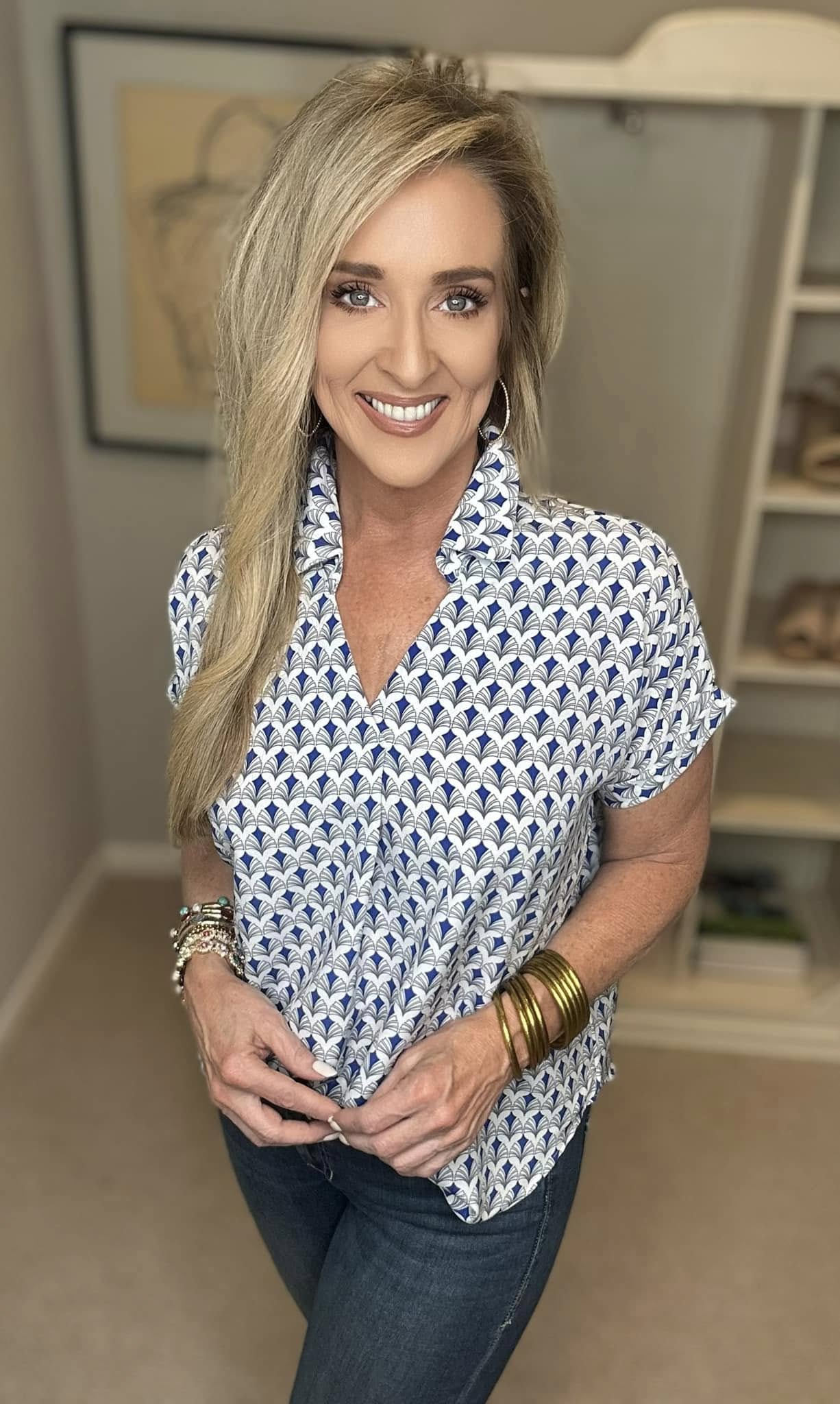 Printed Johnny Collar Short Sleeve Blouse Plus Size