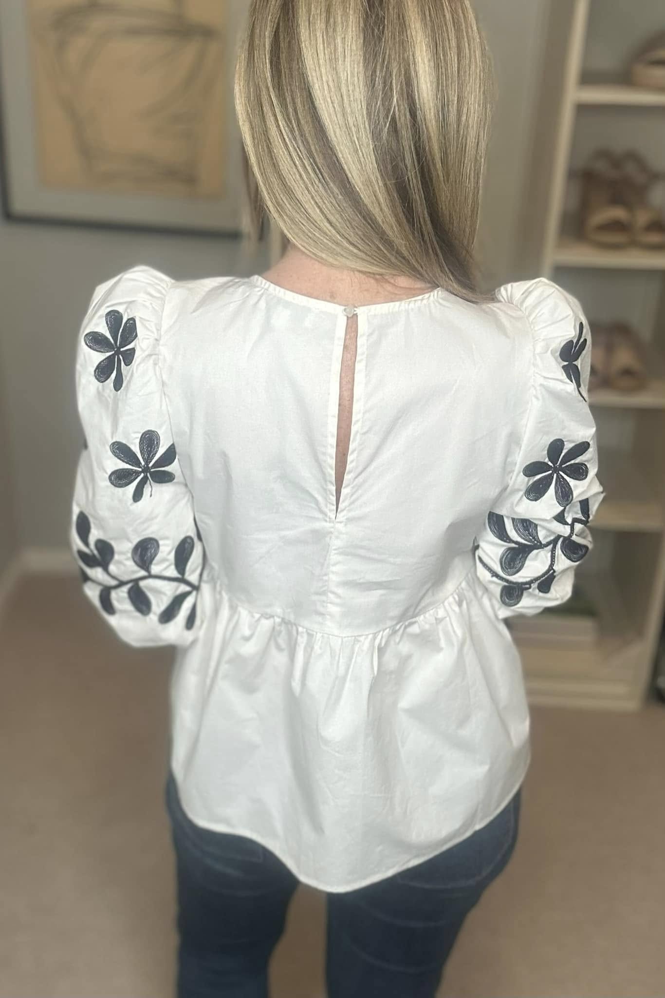 SAGE+FIG Puff-Sleeve Embroidered Peplum Blouse