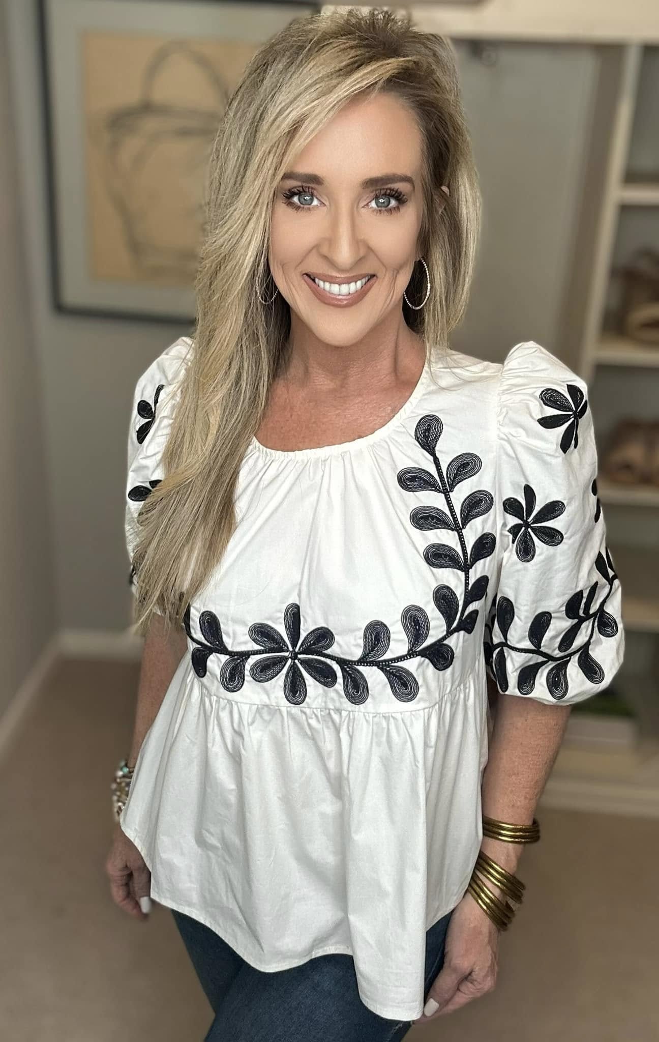 SAGE+FIG Puff-Sleeve Embroidered Peplum Blouse