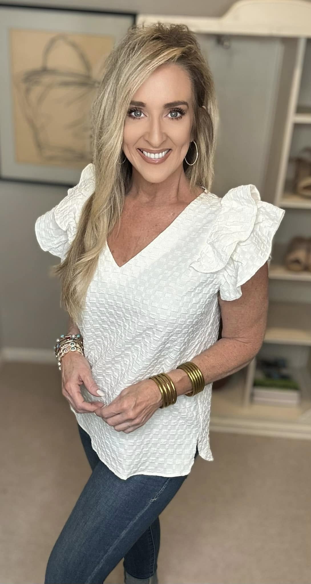 Umgee Full Size Textured Jacquard V-Neck Ruffle Cap Sleeve Blouse Plus Size
