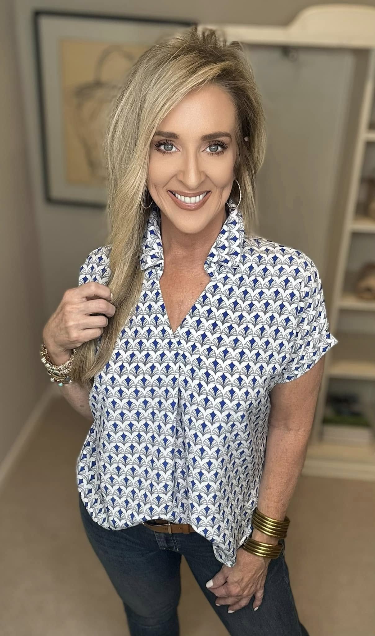 Printed Johnny Collar Short Sleeve Blouse Plus Size