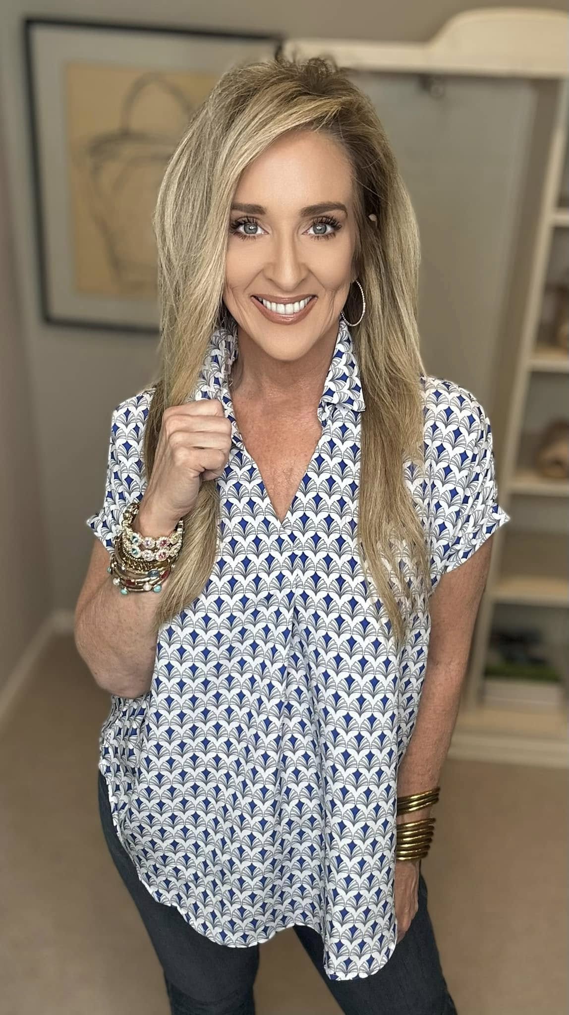 Printed Johnny Collar Short Sleeve Blouse Plus Size