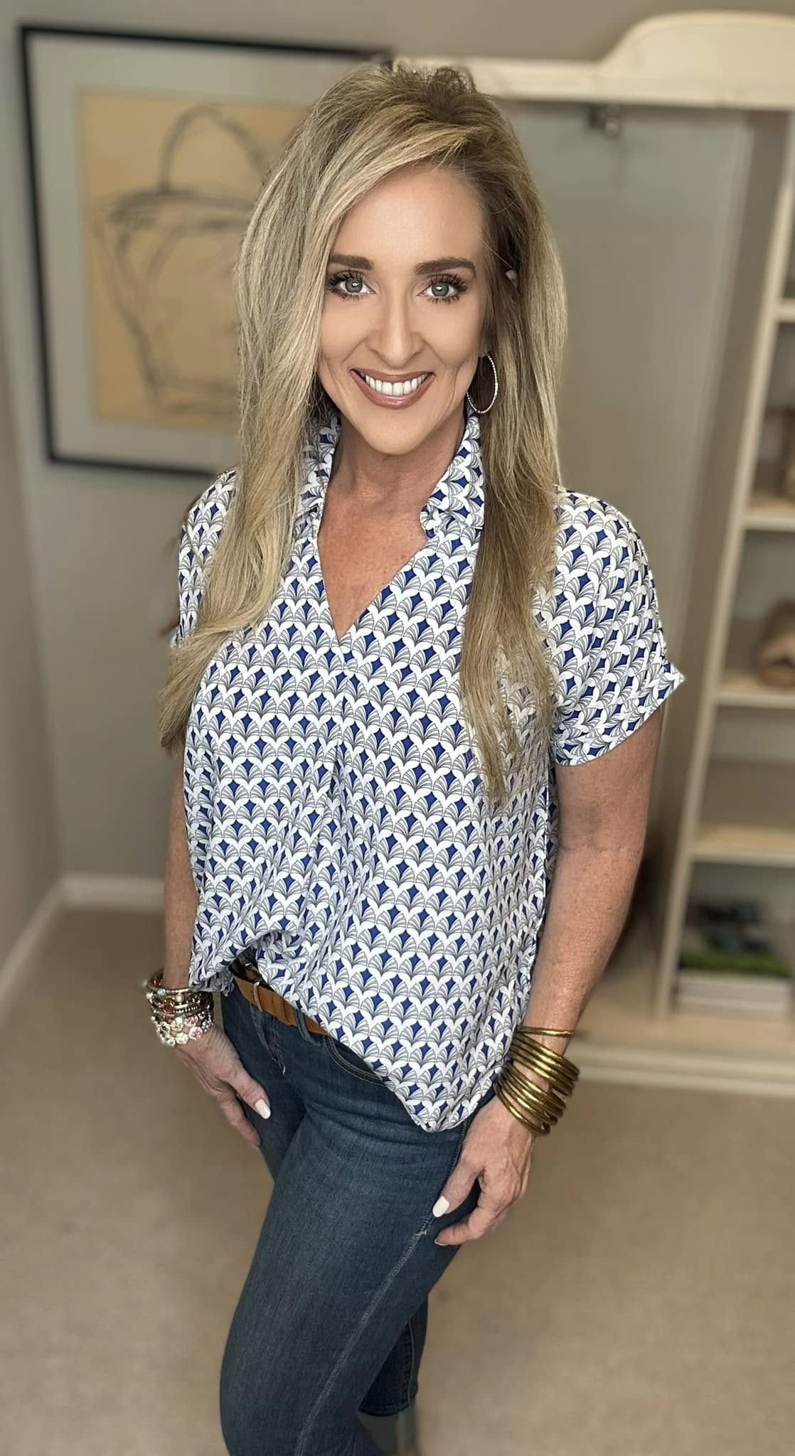 Printed Johnny Collar Short Sleeve Blouse Plus Size