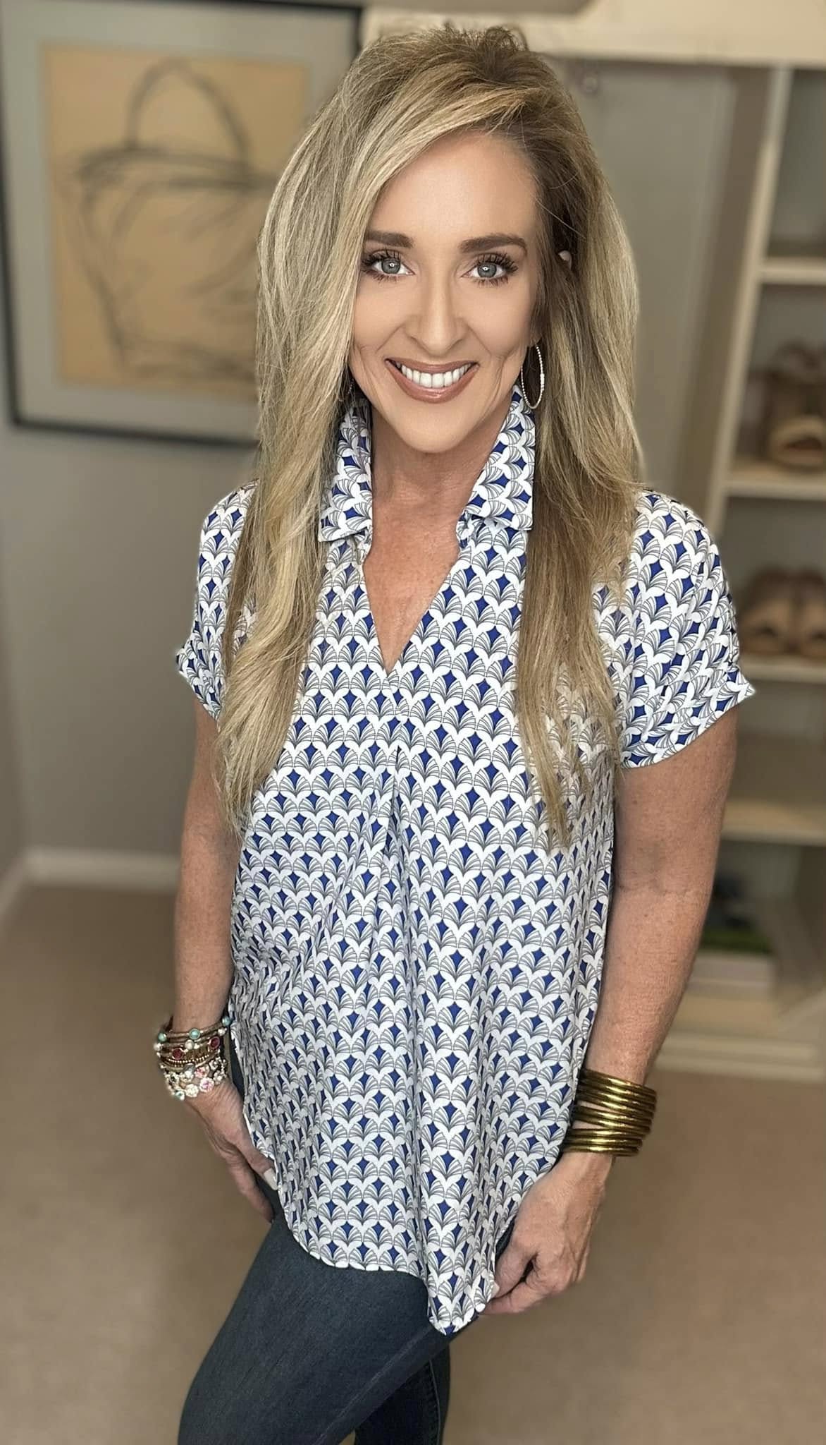 Printed Johnny Collar Short Sleeve Blouse Plus Size