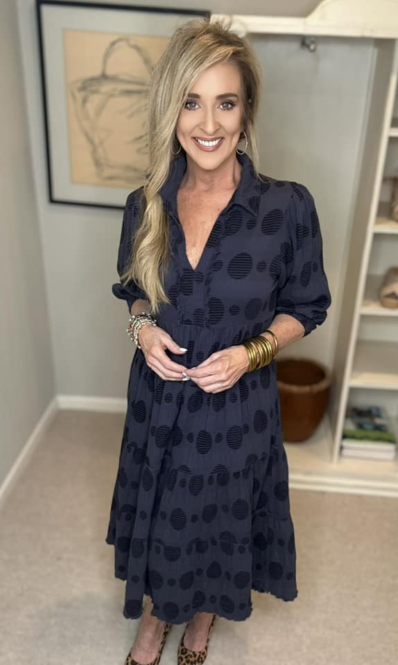 Umgee Full Size Solid Dotted Jacquard Midi Dress Plus Size