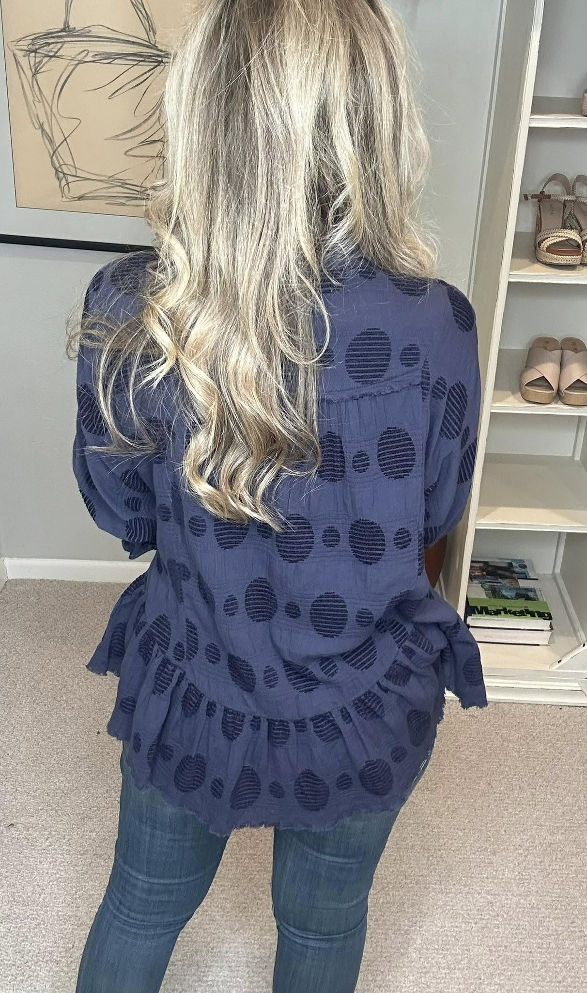 Umgee Full Size Swiss Dot Half Button Flounce Sleeve Blouse Plus Size