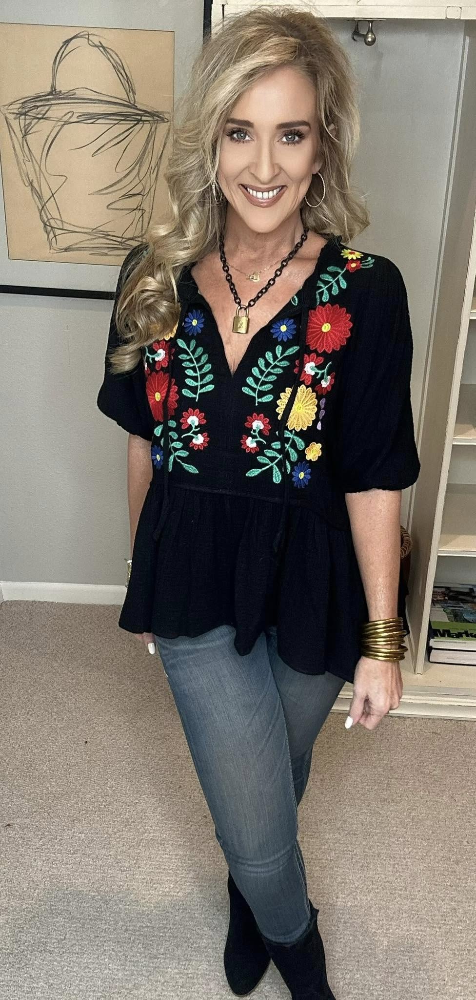 Cotton Gauze Floral Embroidery Babydoll Blouse Plus Size