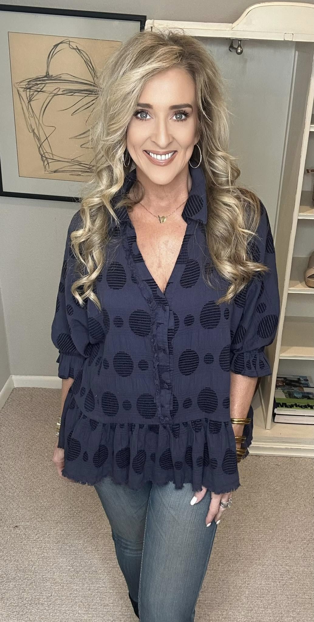 Umgee Full Size Swiss Dot Half Button Flounce Sleeve Blouse Plus Size