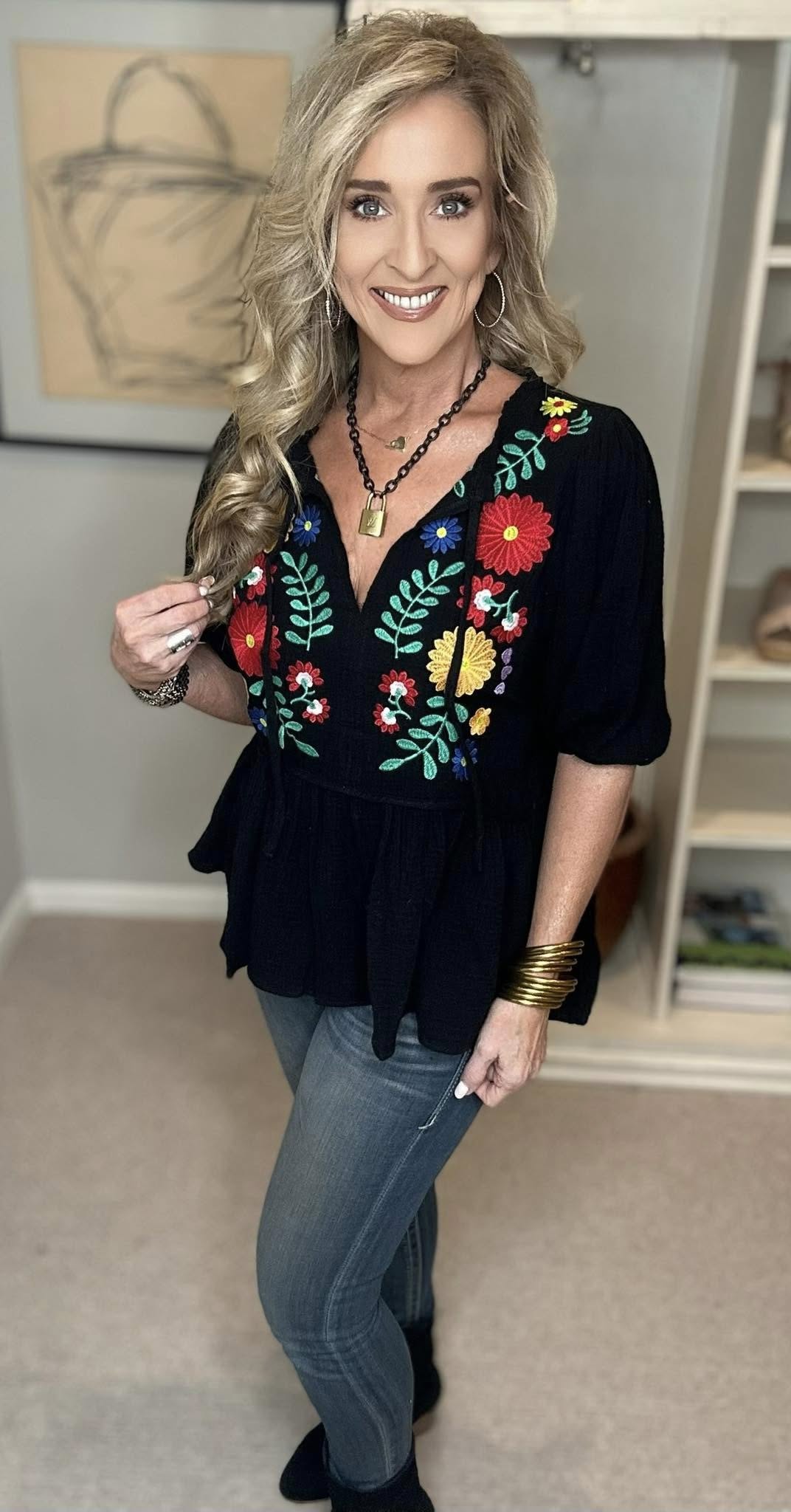 Cotton Gauze Floral Embroidery Babydoll Blouse Plus Size